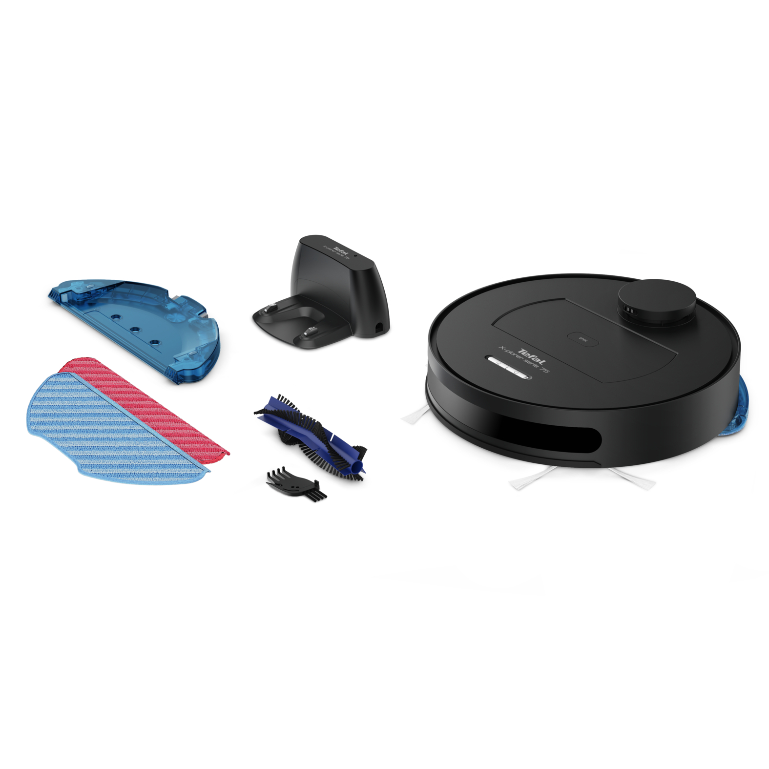 Aksesuarlarıyla Tefal X-plorer Serie 130AI robot süpürge.