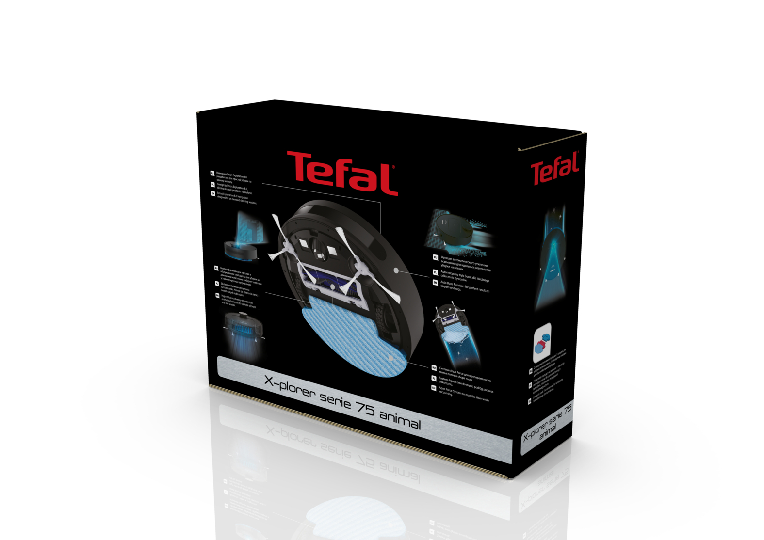 Tefal robot süpürge kutusu. Siyah, özellikleri detaylandıran resimler ve metinlerle.