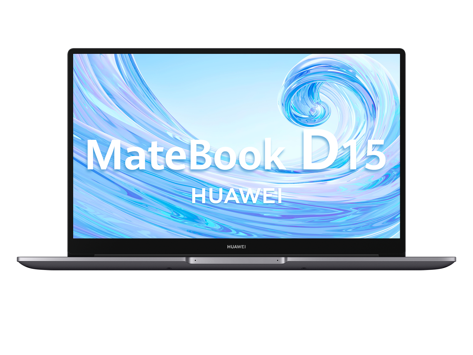 Un portátil Huawei MateBook D15 que muestra un diseño temático de agua en su pantalla, sobre un fondo negro.