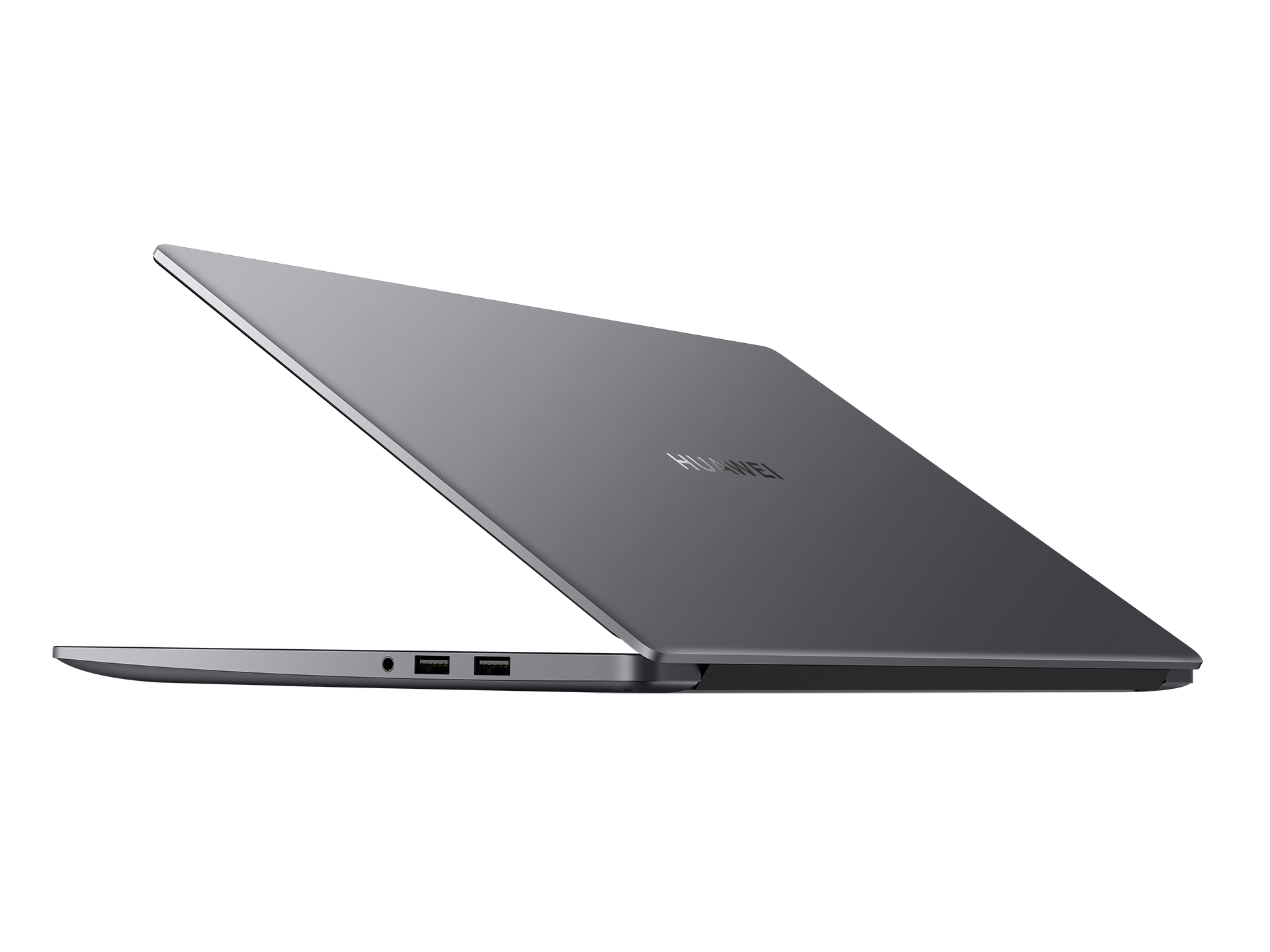 Portátil Huawei gris abierto mostrando la parte superior del portátil, inclinado hacia la derecha.