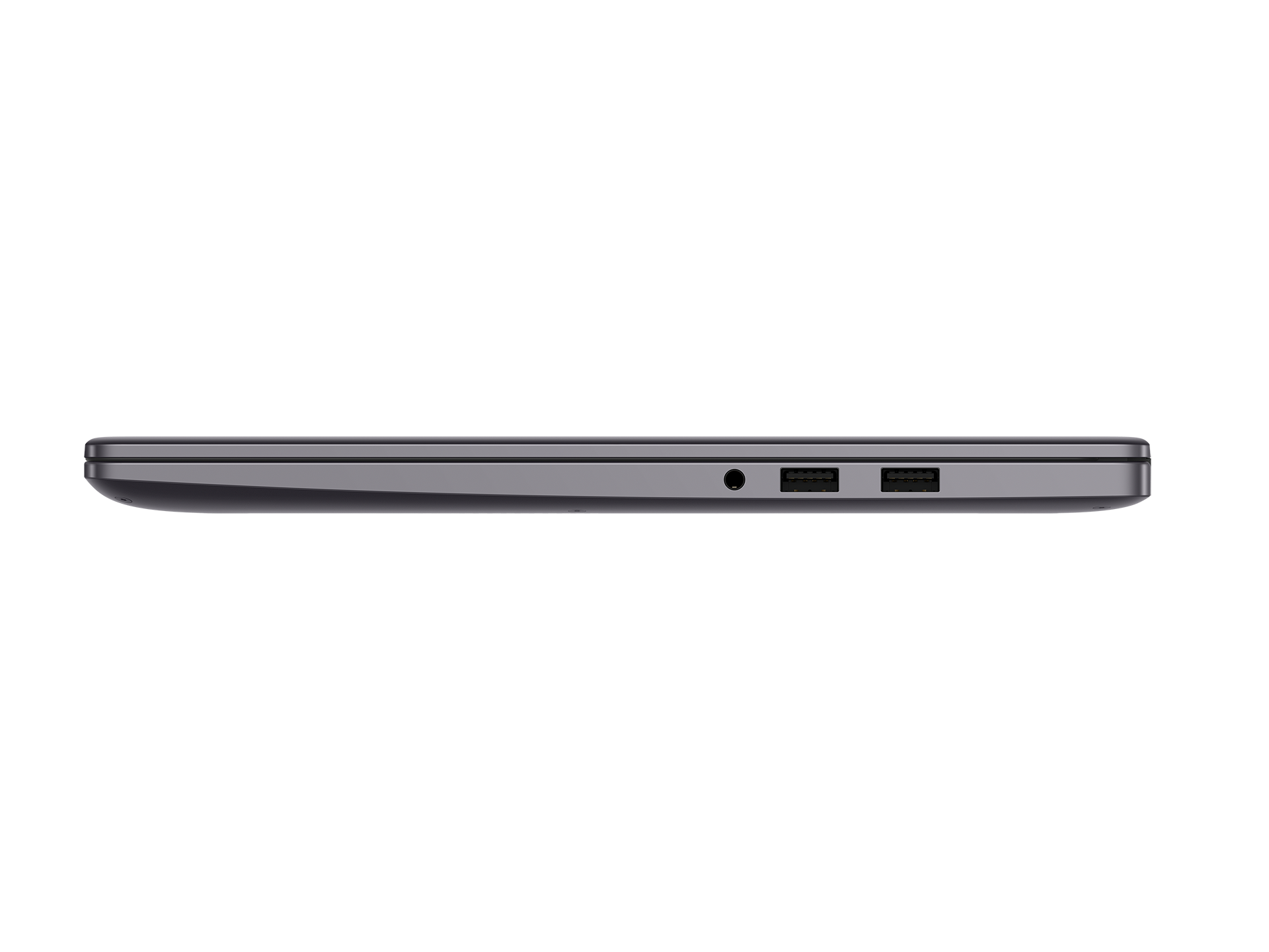 Vista lateral de un portátil gris con conector para auriculares y dos puertos USB sobre un fondo negro.