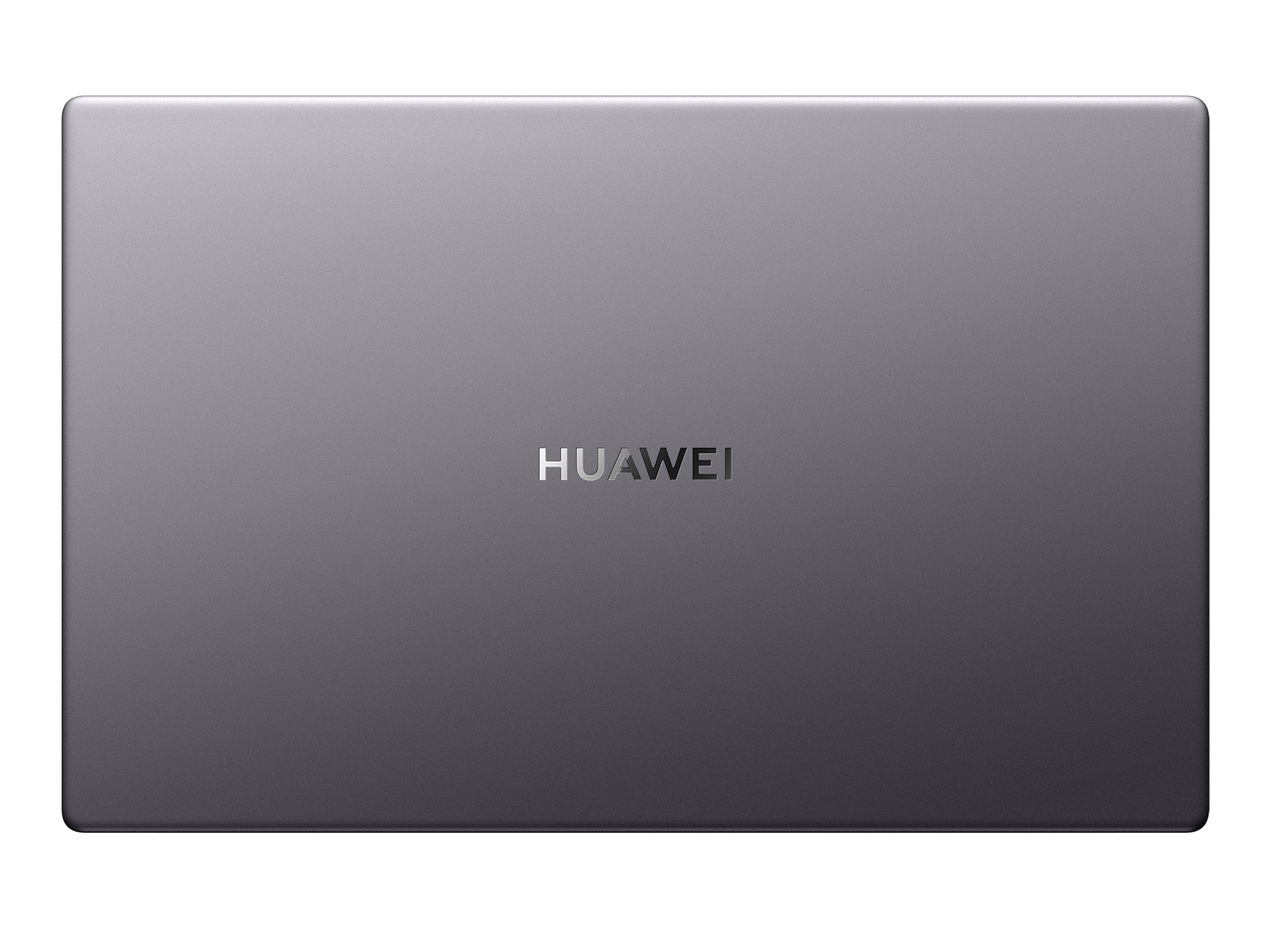 Una tapa de portátil gris con la palabra 'HUAWEI' en el centro, sobre un fondo negro.