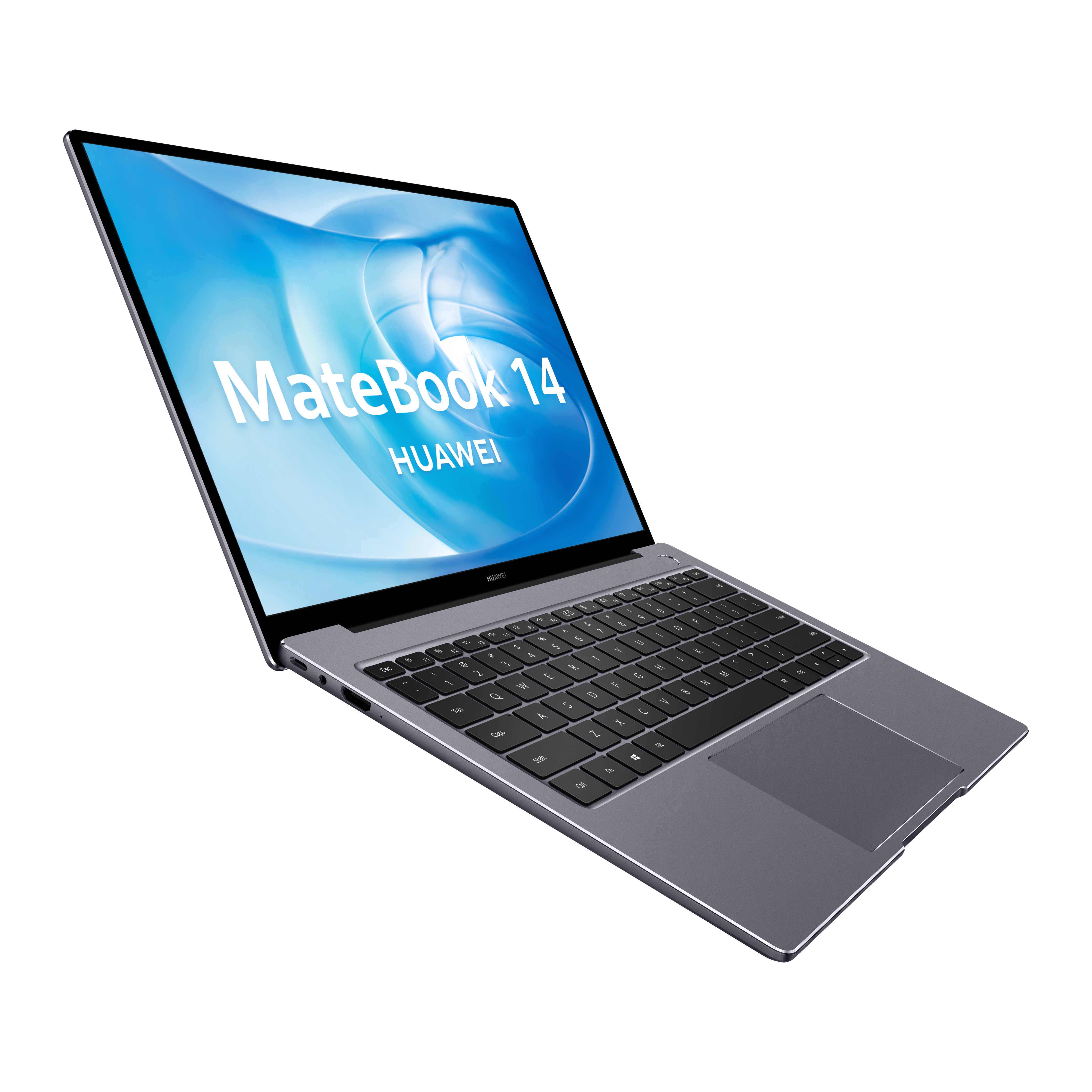 Un portátil gris sobre un fondo negro. La pantalla muestra el texto: MateBook 14 HUAWEI.