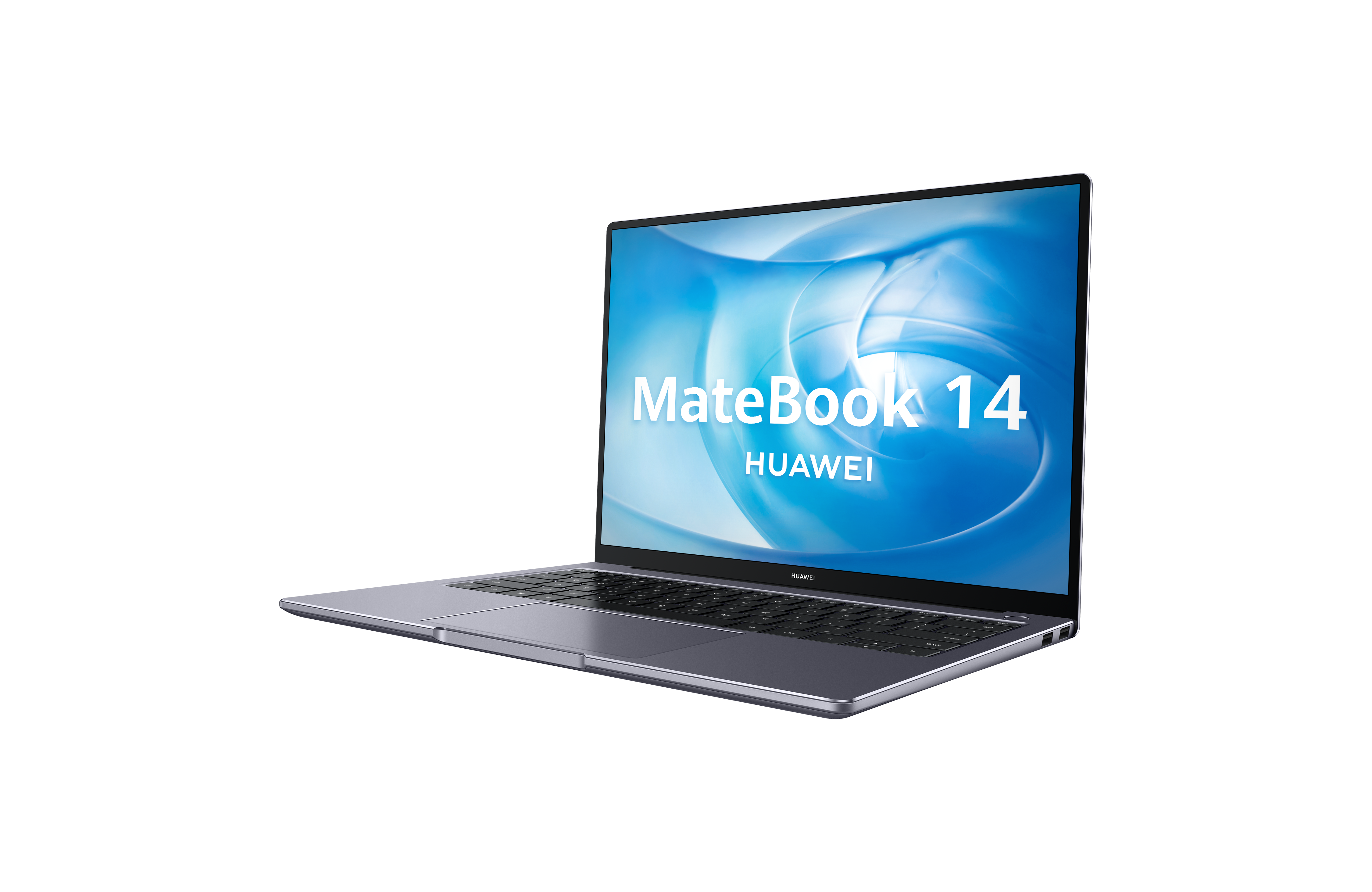 Un portátil con la tapa abierta que muestra el logotipo de MateBook 14.