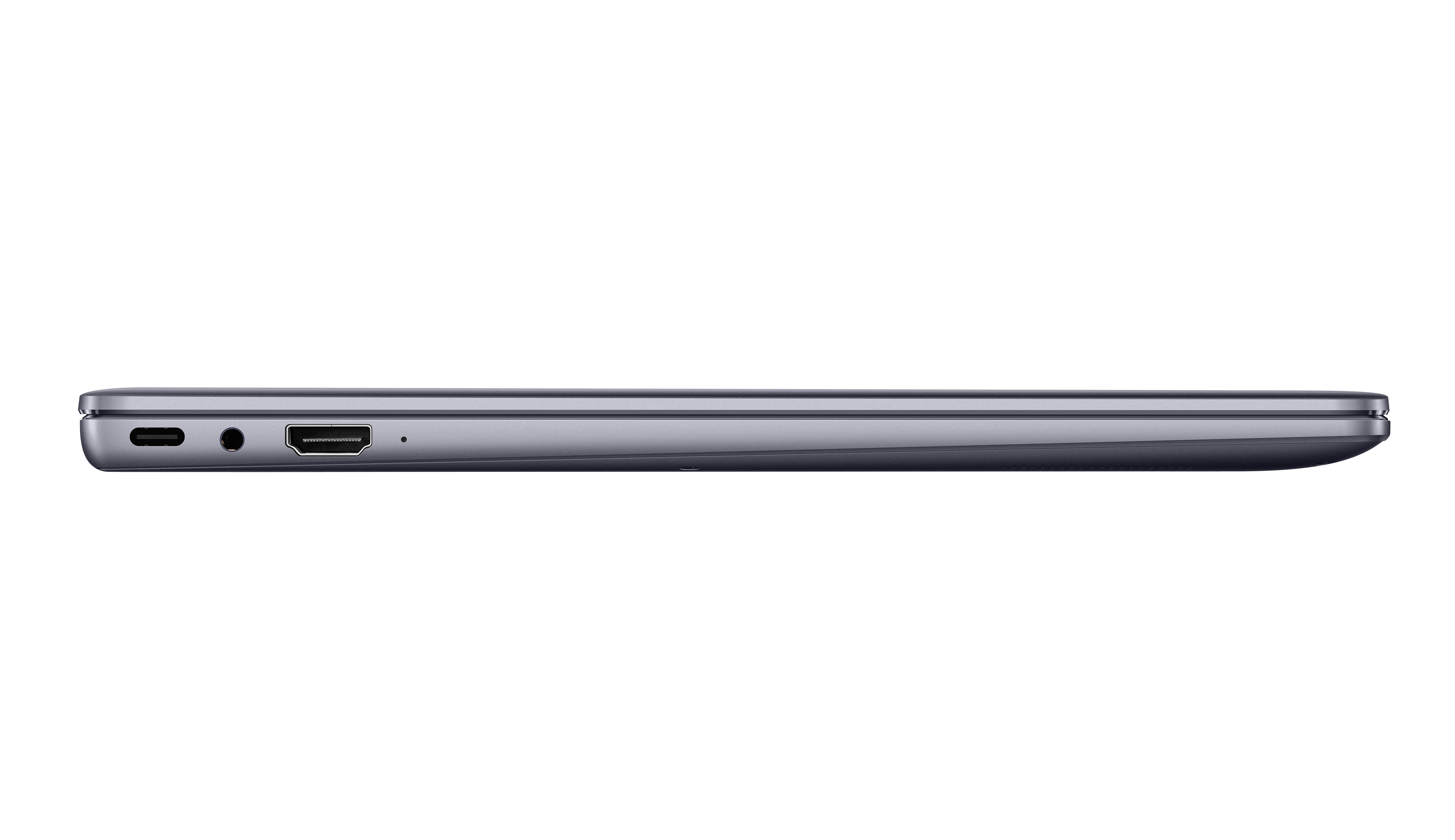 Vista lateral de un portátil gris con puerto USB-C, conector para auriculares y puerto HDMI sobre un fondo negro.