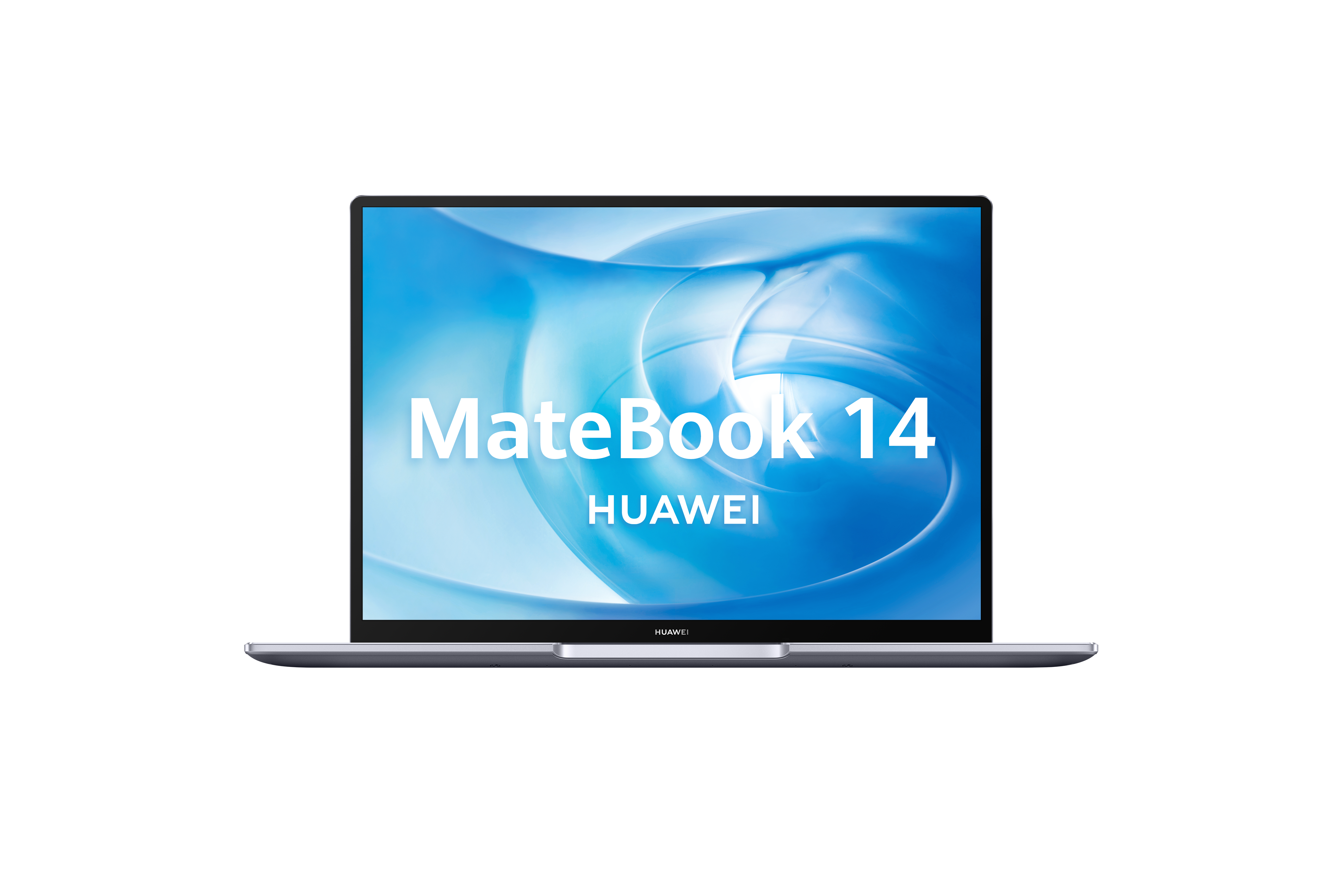 Pantalla de portátil que muestra MateBook 14 y el logotipo de Huawei, sobre fondo negro.