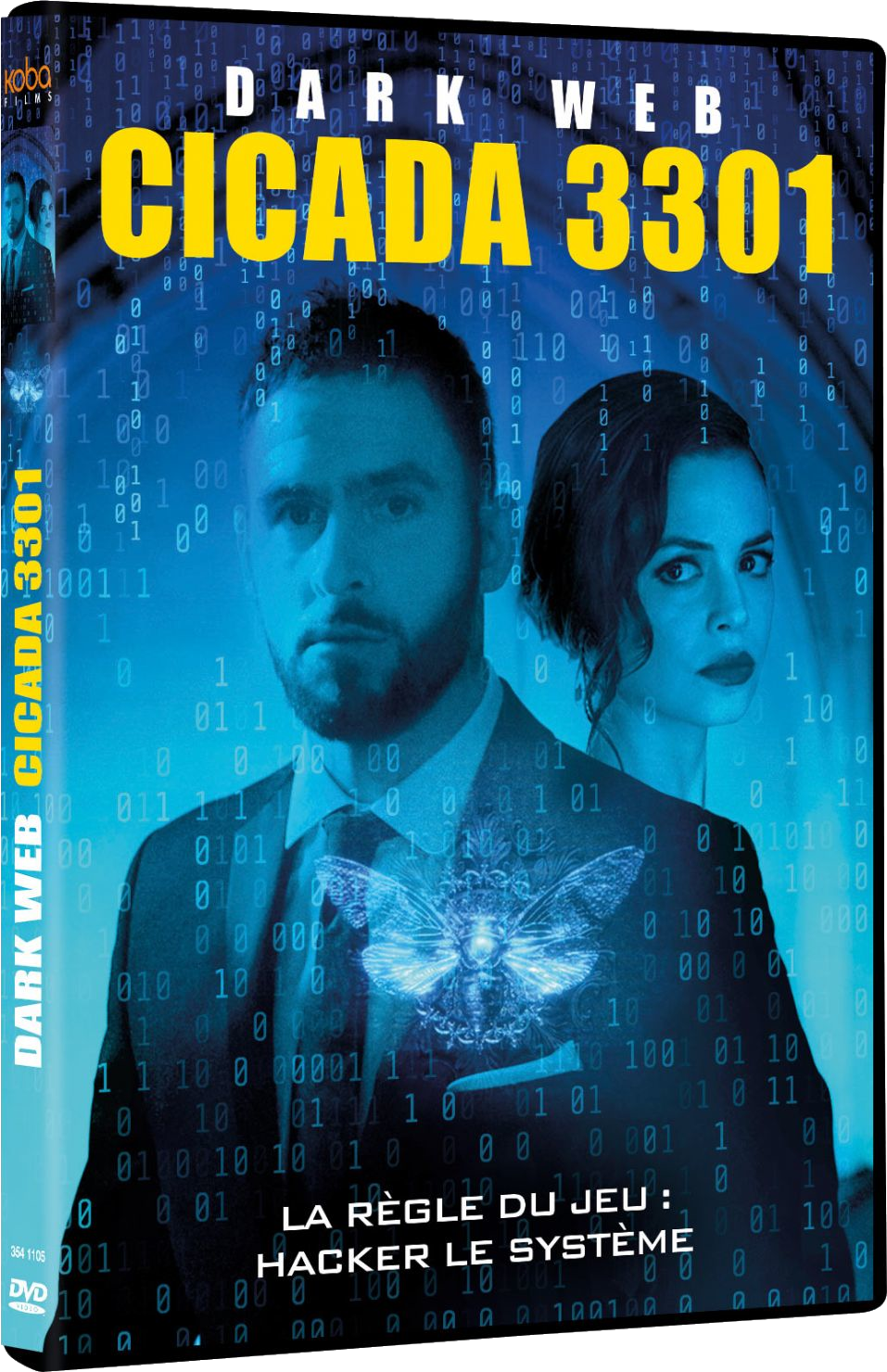 Movie cover with a man and woman. Text: DARK WEB CICADA 3301, LA REGLE DU JEU.