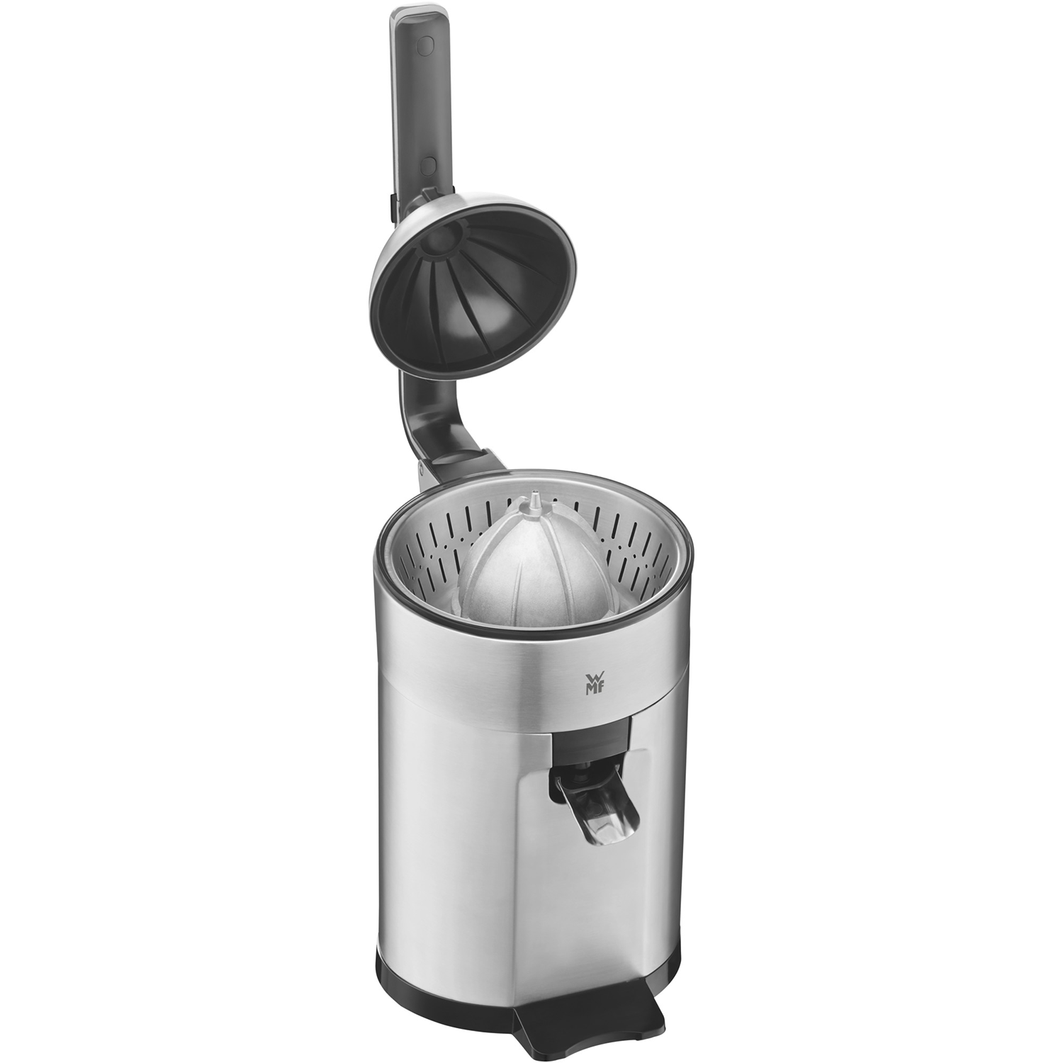 A stainless steel citrus juicer with an open lid, a reamer, and a black base.