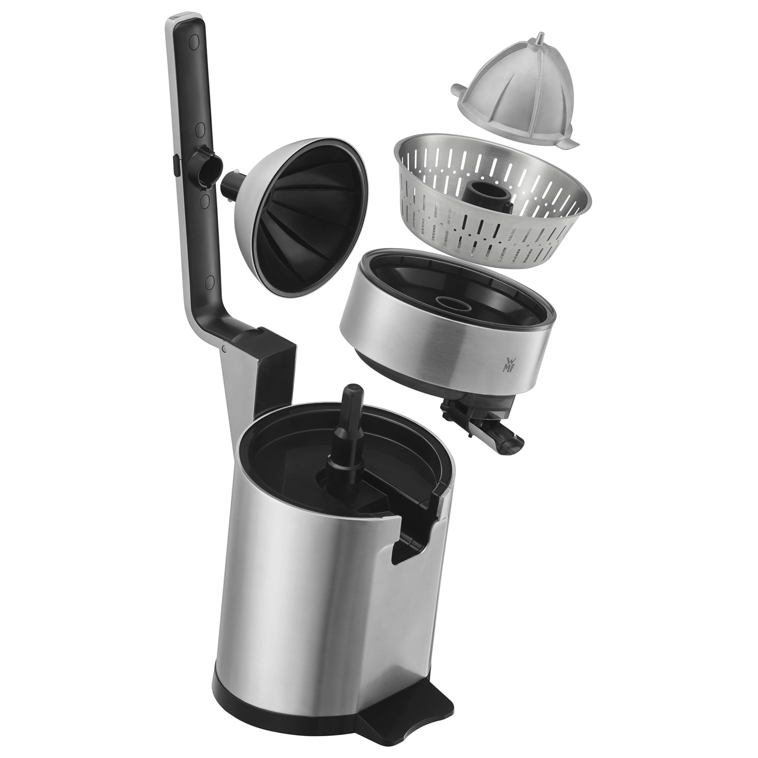 Disassembled WMF citrus juicer. Components include a juice container and juicing parts.