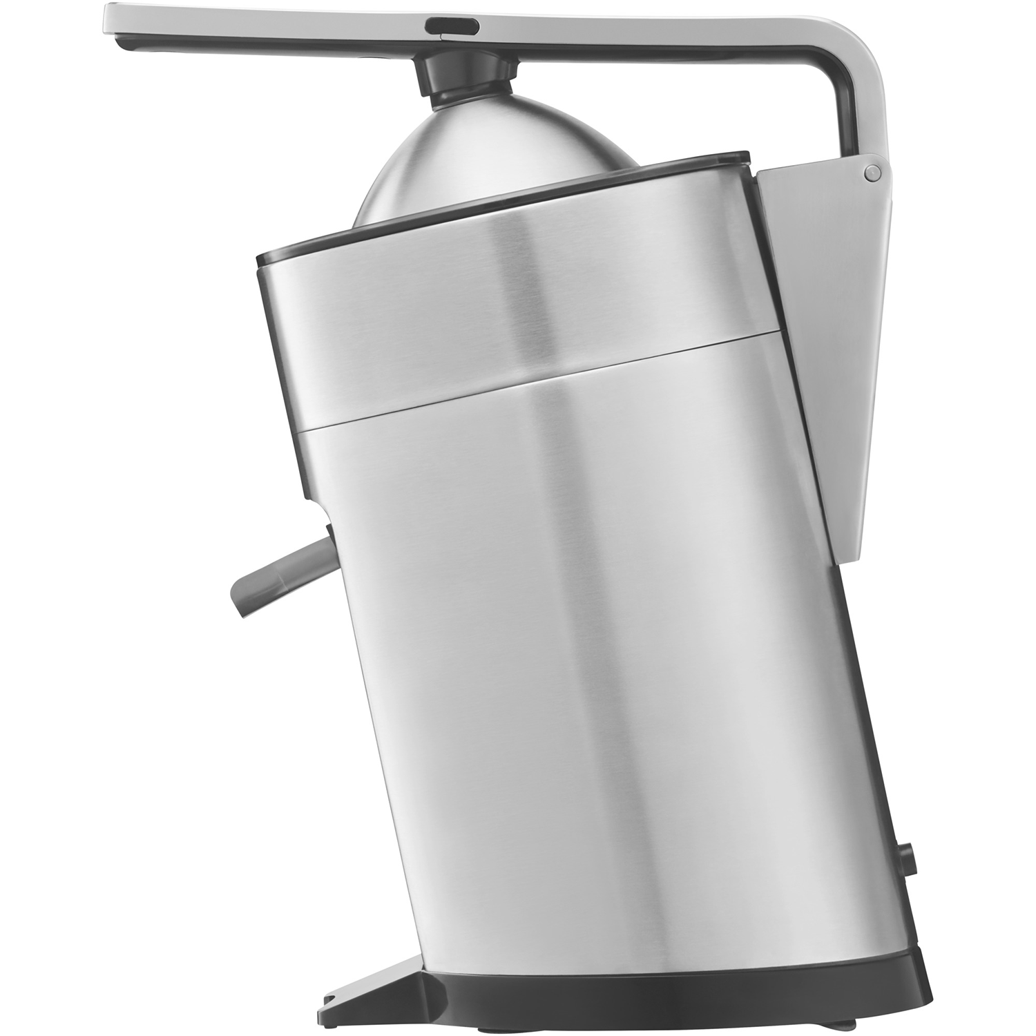 A stainless steel citrus juicer on a white background, tilted to the side.