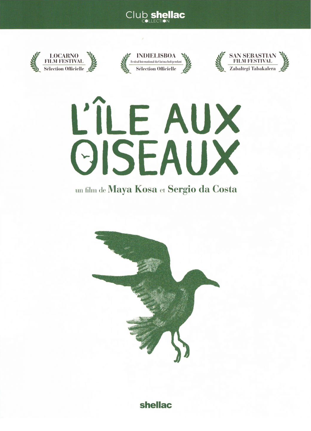Affiche du film 'L'Île aux Oiseaux', avec une illustration d'oiseau vert et fond blanc.
