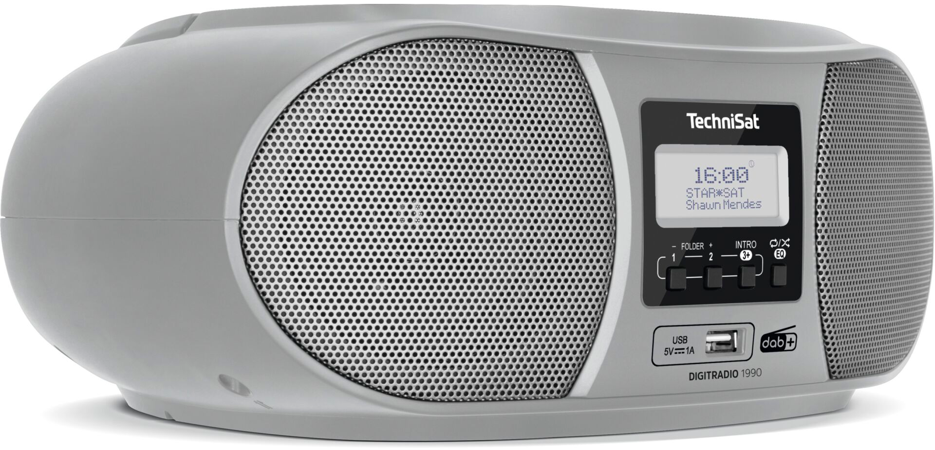 Graues TechniSat Digitradio. Es zeigt Zeit und Radioinfos an und hat Funktionstasten. Es hat einen USB-Anschluss und ein dab+-Logo.