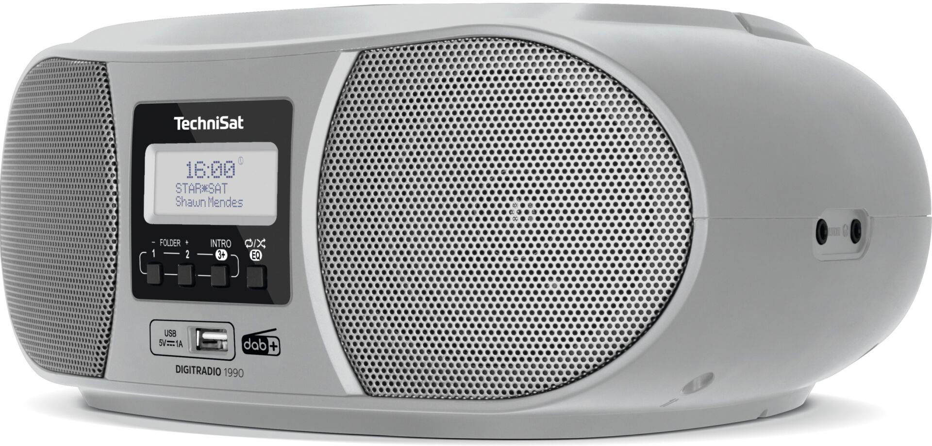Graues TechniSat-Radio zeigt Uhrzeit, Sender STARSAT und Künstler Shawn Mendes. Es hat Lautsprechergitter und Bedientasten.