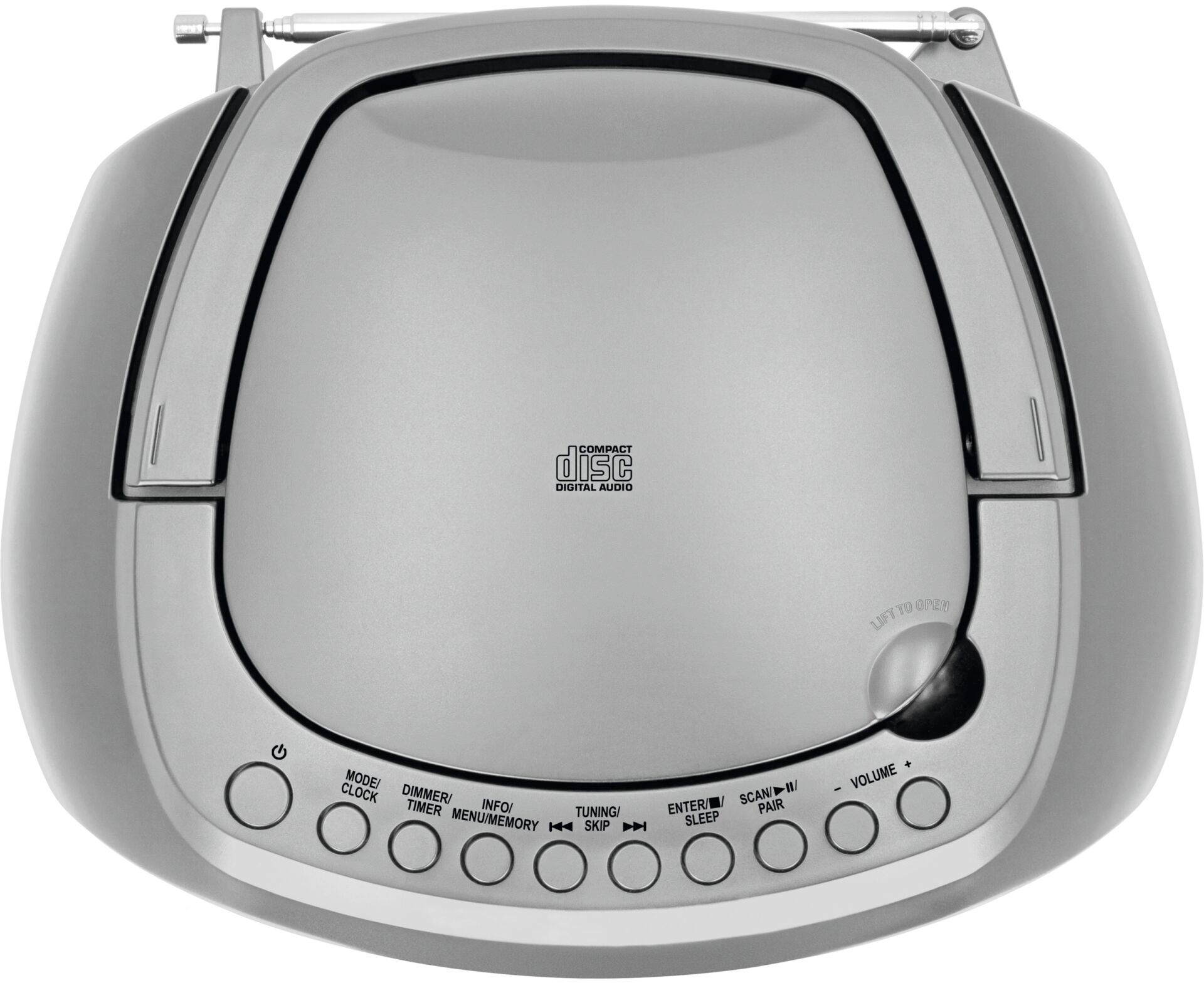 Silberner CD-Player mit Knöpfen, Antenne und Compact Disc-Logo. Hat Lautstärke-, Modus- und Tuning-Regler.
