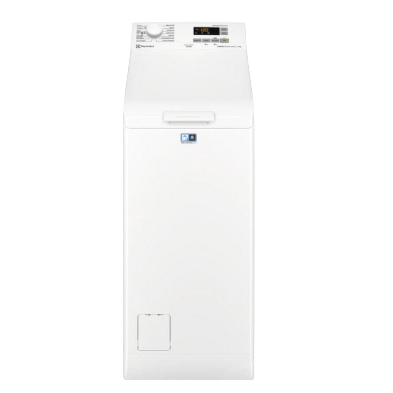 Lavadora Electrolux blanca, diseño de carga superior, con pantalla digital.