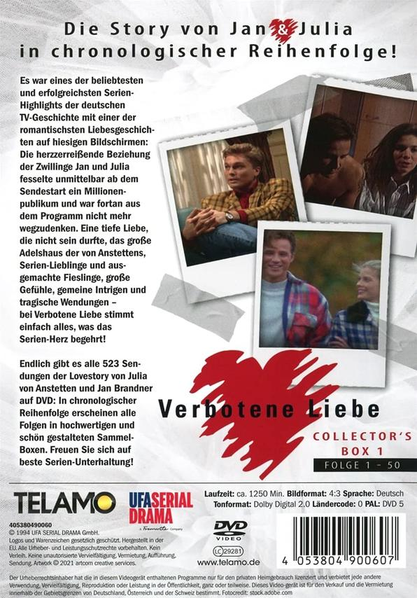 DVD-Box-Set mit Fotos eines Mannes und einer Frau, mit dem Titel 'Verbotene Liebe' und Text auf Deutsch.