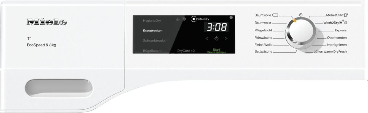 Weißes Waschmaschinen-Bedienfeld. Hat eine Digitalanzeige und ein Rad.