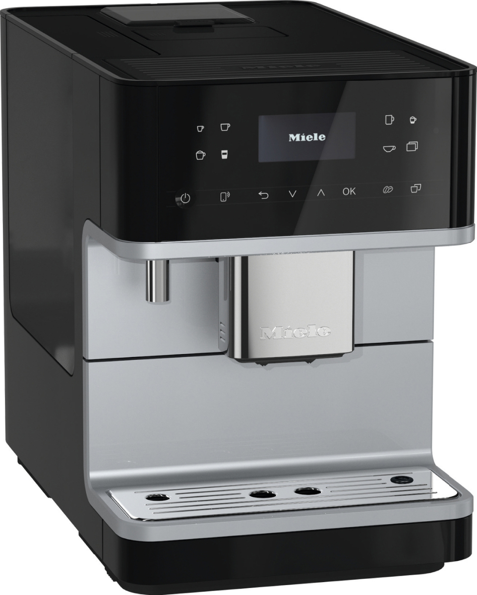 Schwarze und silberne Miele Kaffeemaschine mit Display und verschiedenen Knöpfen.