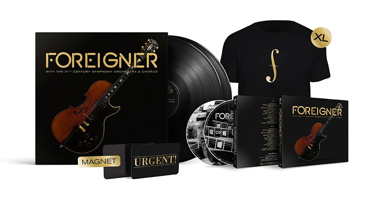 Foreigner-Musik-Bundle mit CD, Vinyl, T-Shirt und Magneten. Schwarz-Gold-Design.