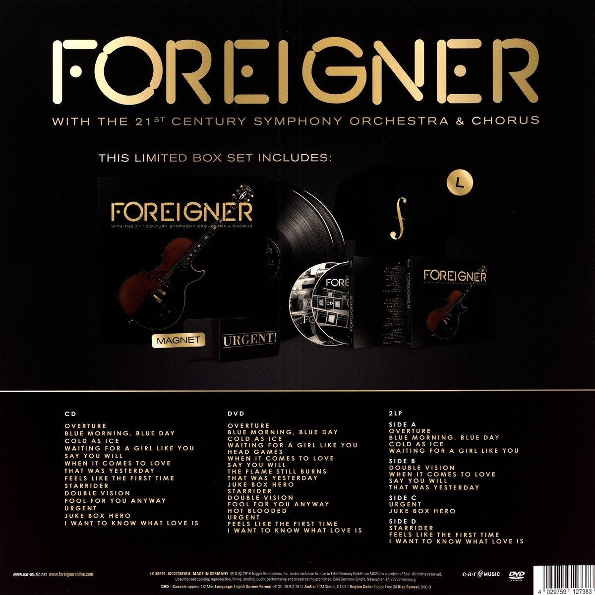 Boxset mit CDs, DVDs und Schallplatten von Foreigner, mit Albumcover und Titellisten.
