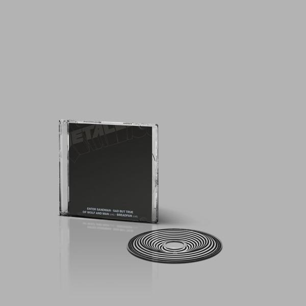 Schwarze CD-Hülle mit schwarzer CD und Spiraluntersetzer auf grauem Hintergrund.