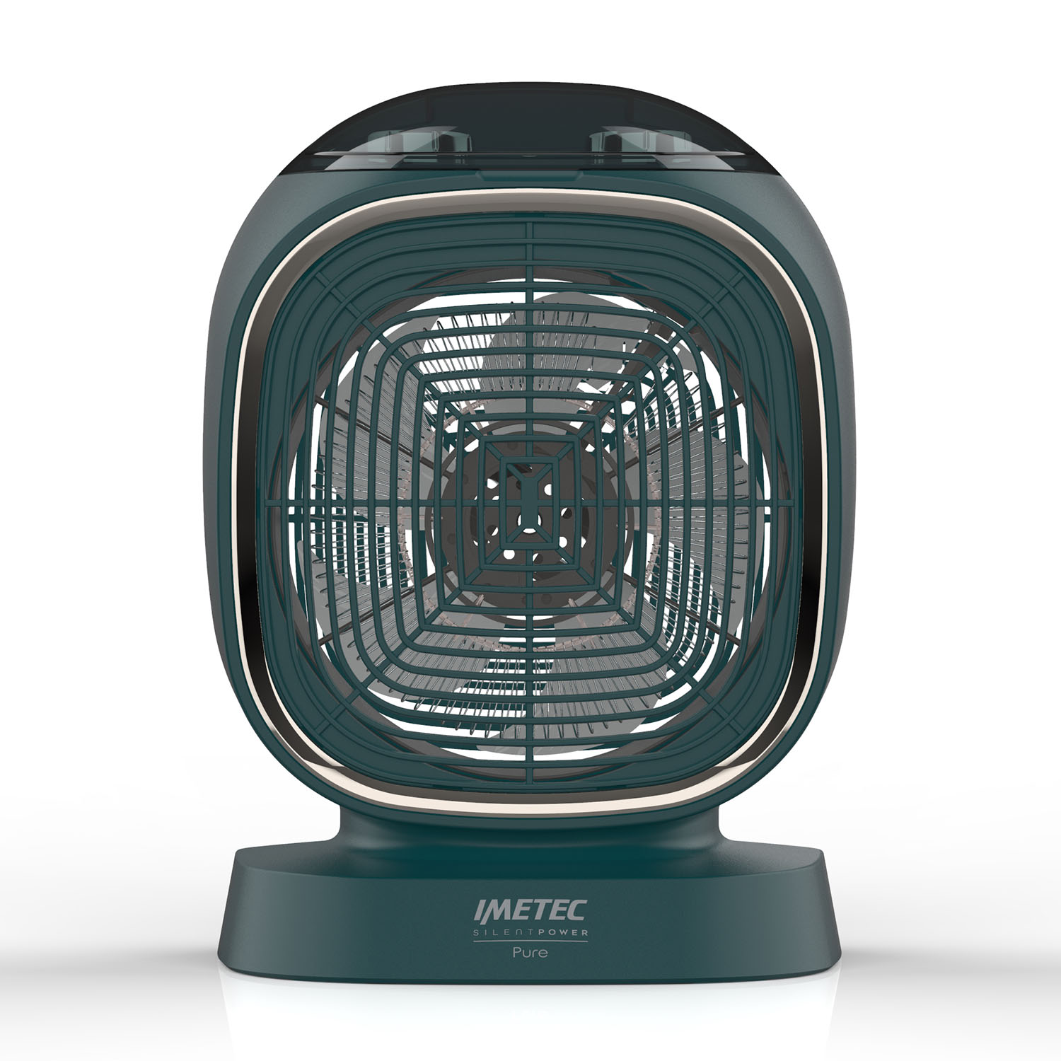 Un purificatore d'aria color verde acqua con un design a griglia, su sfondo bianco.