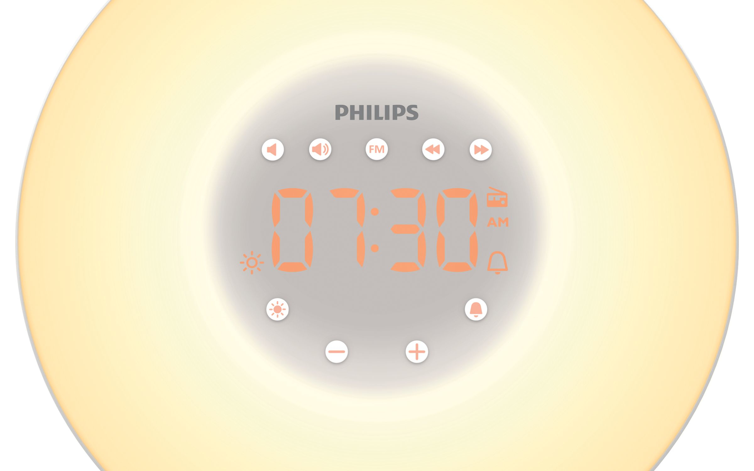 Réveil Philips blanc avec l'heure 07:30 affichée.
