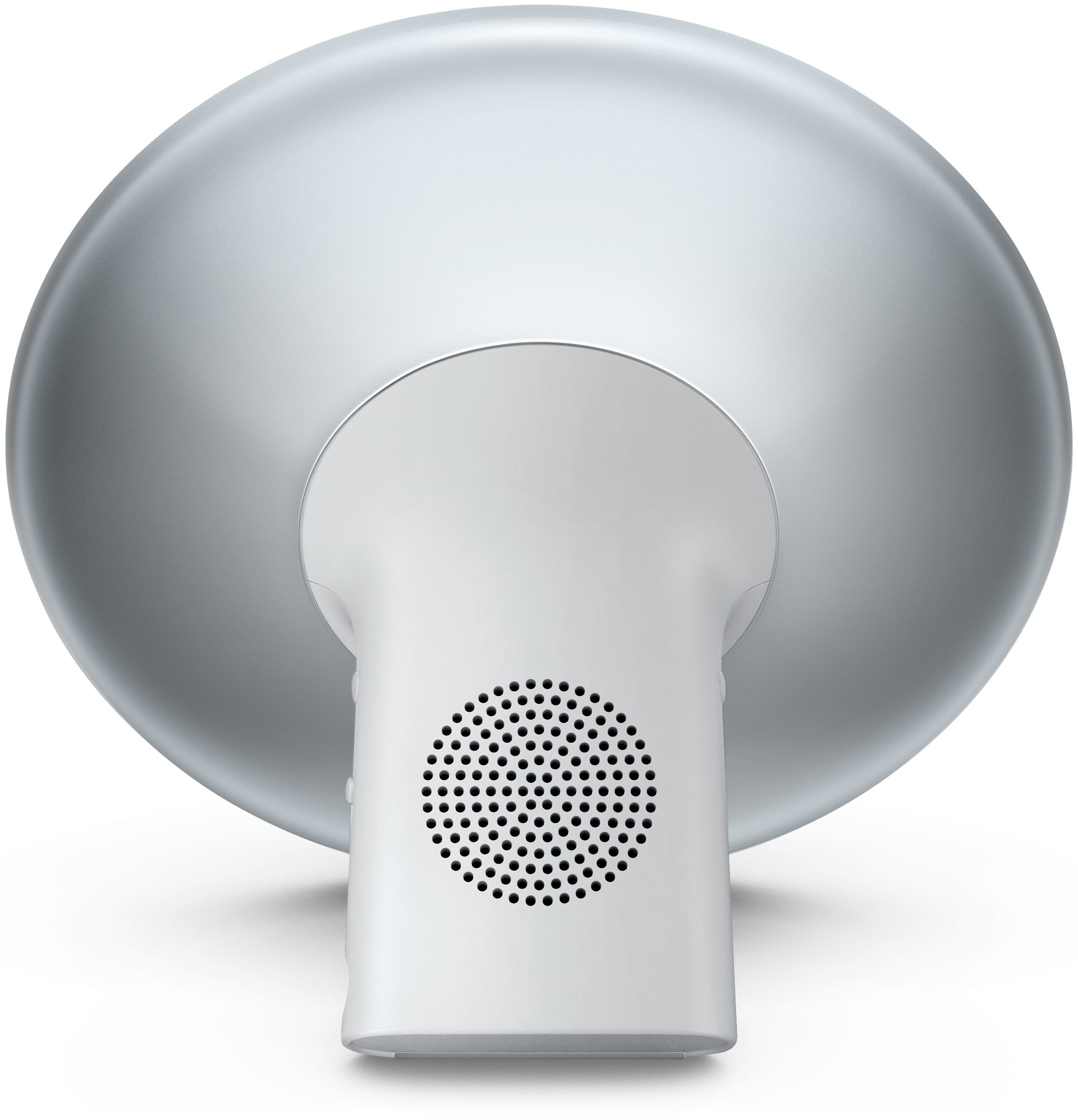 Arrière d'un moniteur Apple argenté avec un pied blanc et une grille de haut-parleur.