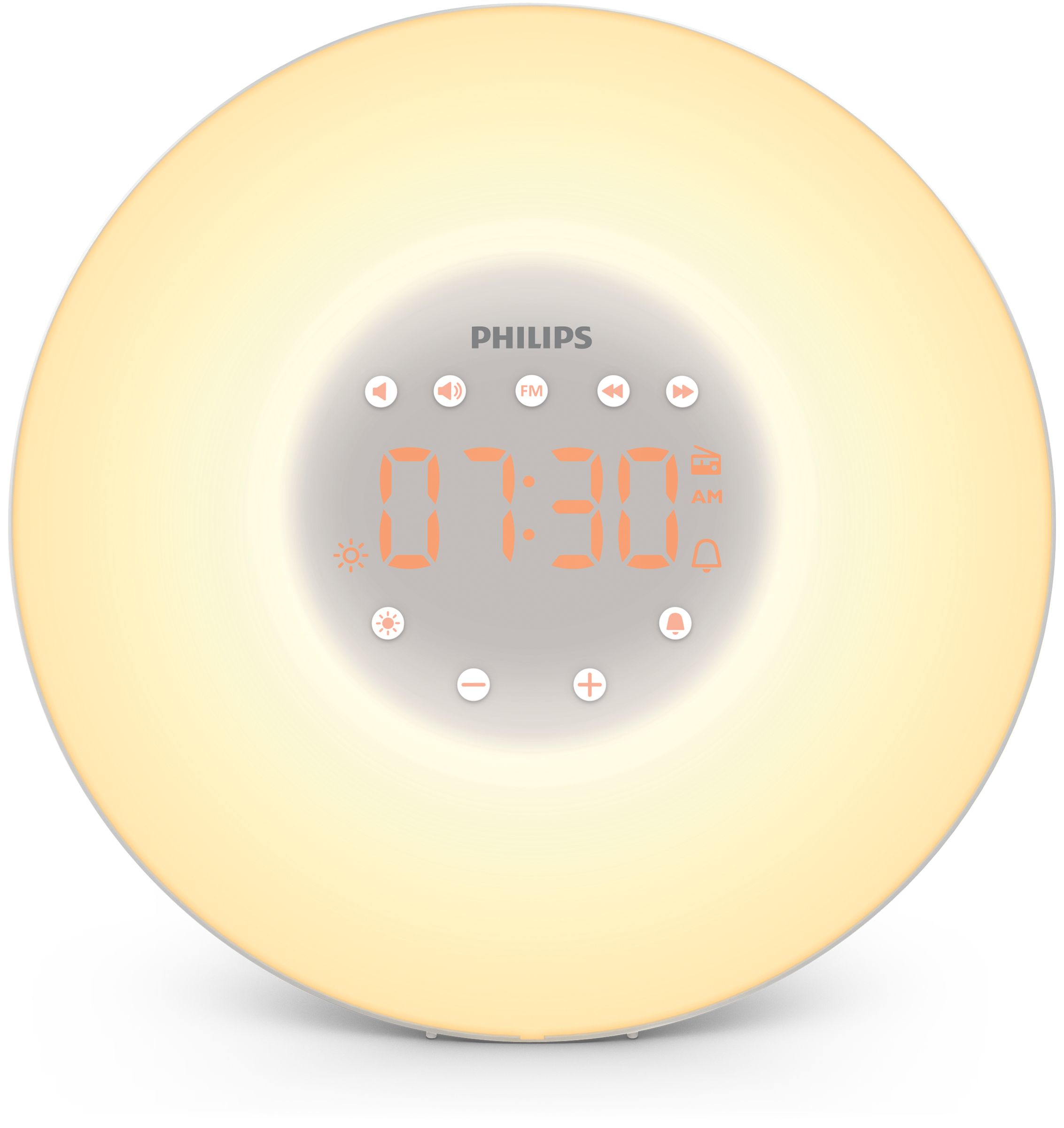 Un réveil Philips blanc rond avec affichage numérique. L'heure est 07h30.