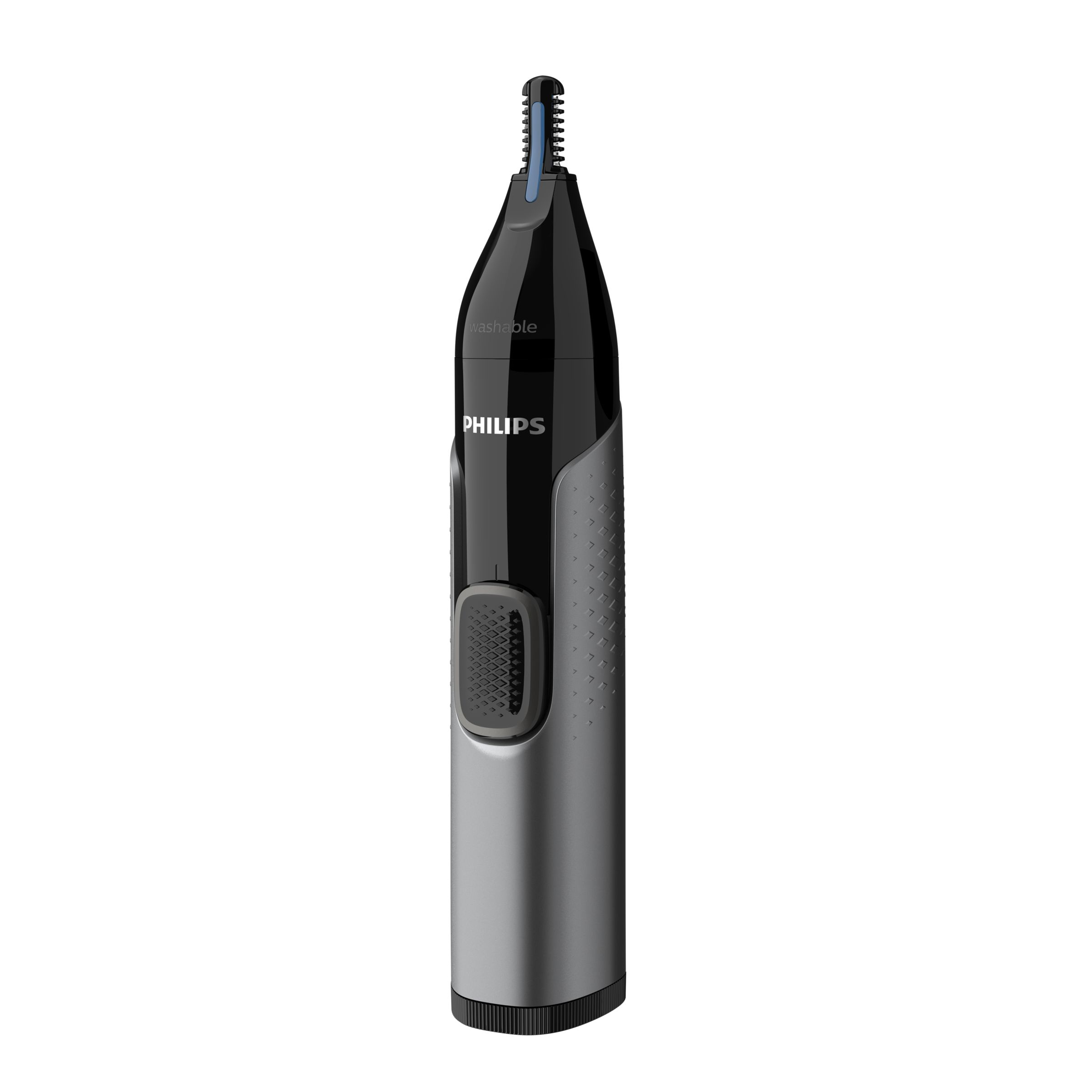 Zwarte en zilveren Philips neushaartrimmer. Drukknop en trimmekop zichtbaar.