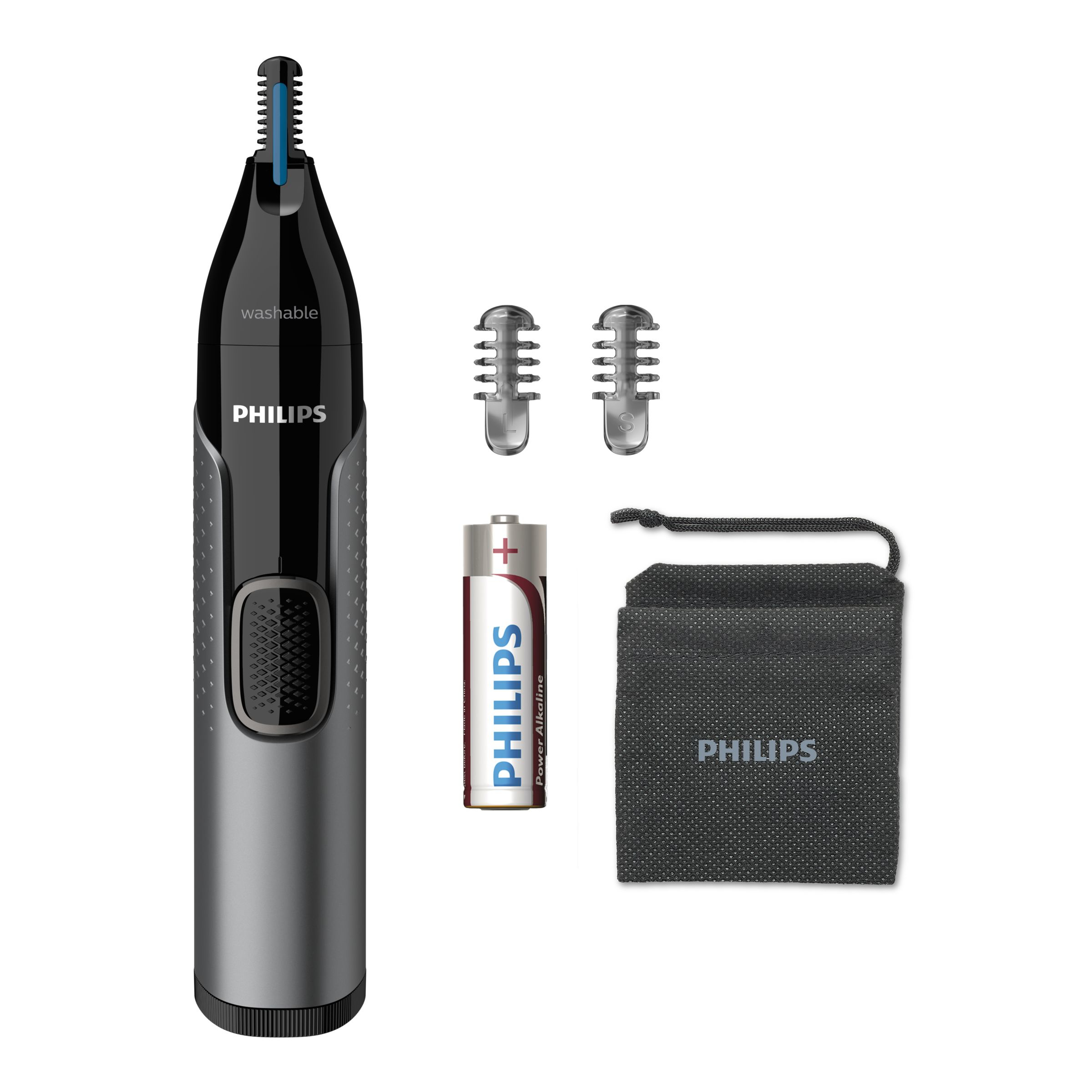Philips neustrimmer met accessoires en een batterij, alles op een witte achtergrond.