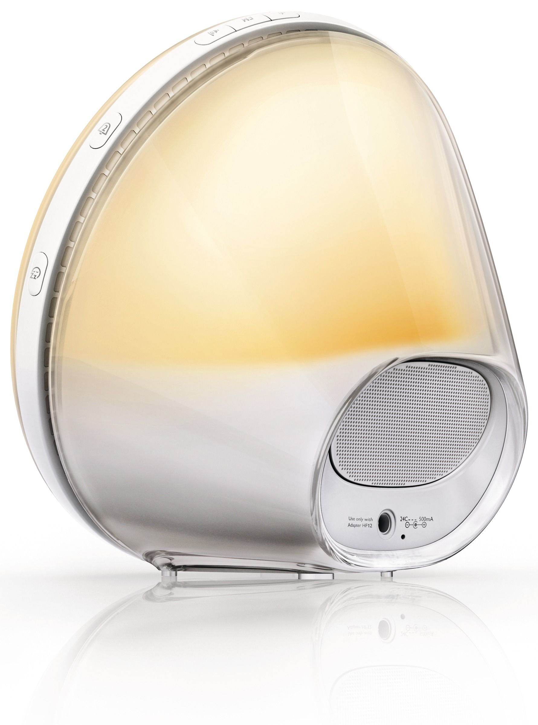 Un réveil blanc et argenté avec une lumière vive et brillante qui en émane.