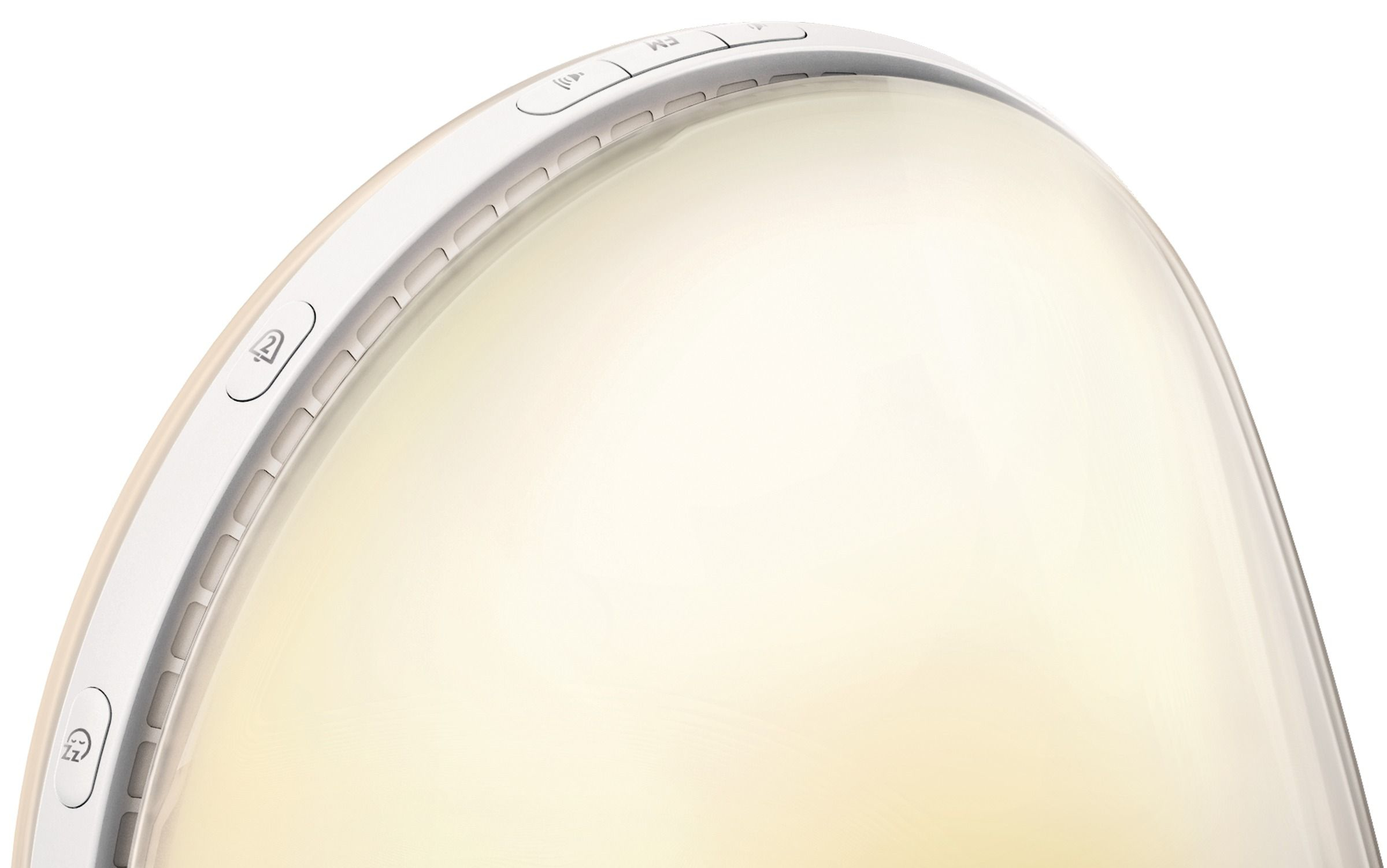 Un réveil blanc avec un design incurvé et des boutons sur le côté, brillant.