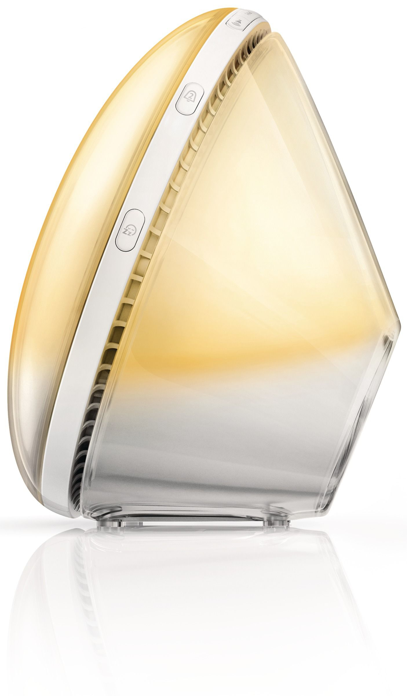 Une Philips Wake-up Light, avec une lumière dégradée blanche et jaune. Elle a des boutons et est sur fond blanc.