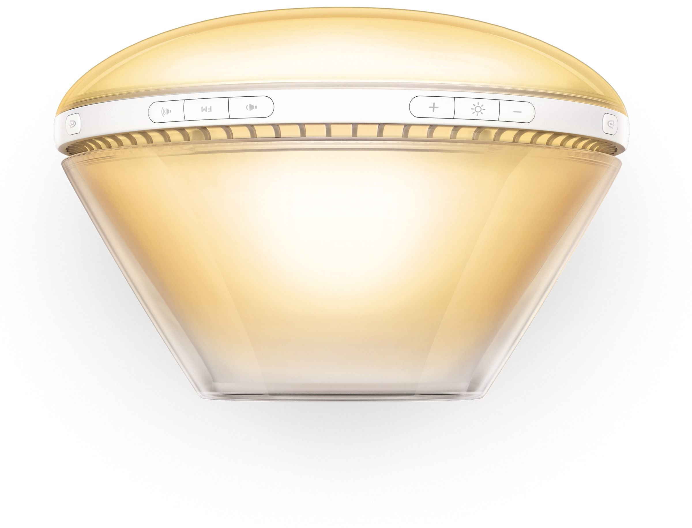 Une lampe de réveil Philips, avec une lueur jaune, des commandes blanches et une base transparente.