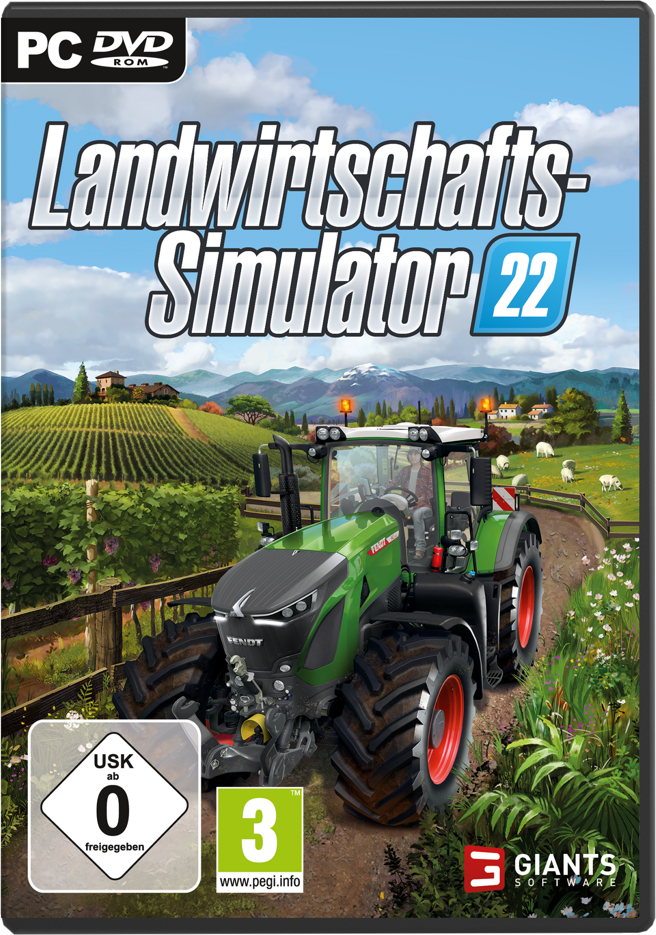 Farm Simulator 22 Spielcover. Ein grüner Traktor auf einem Feld, blauer Himmel.