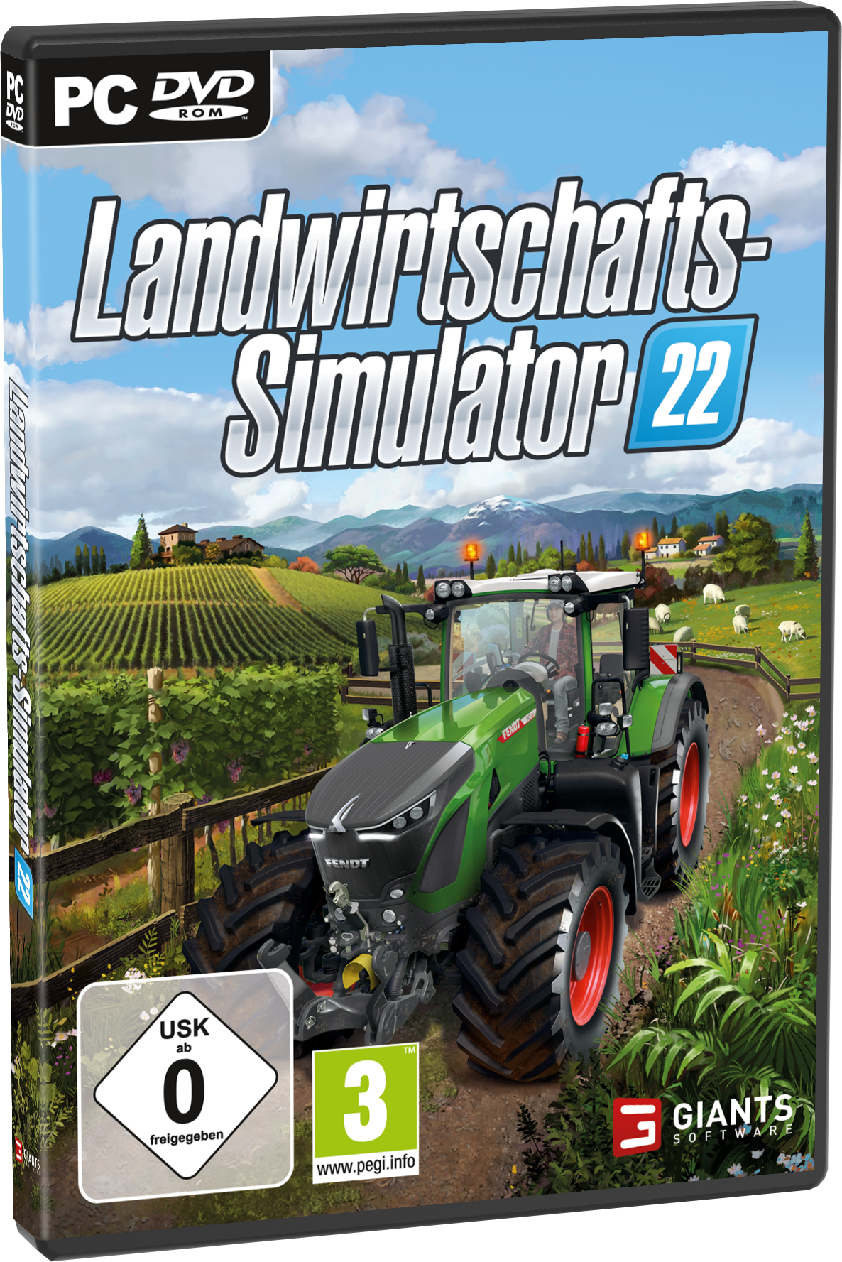 Spielbox von Landwirtschafts-Simulator 22, mit Traktor, Bauernhof und Logo des Spiels.