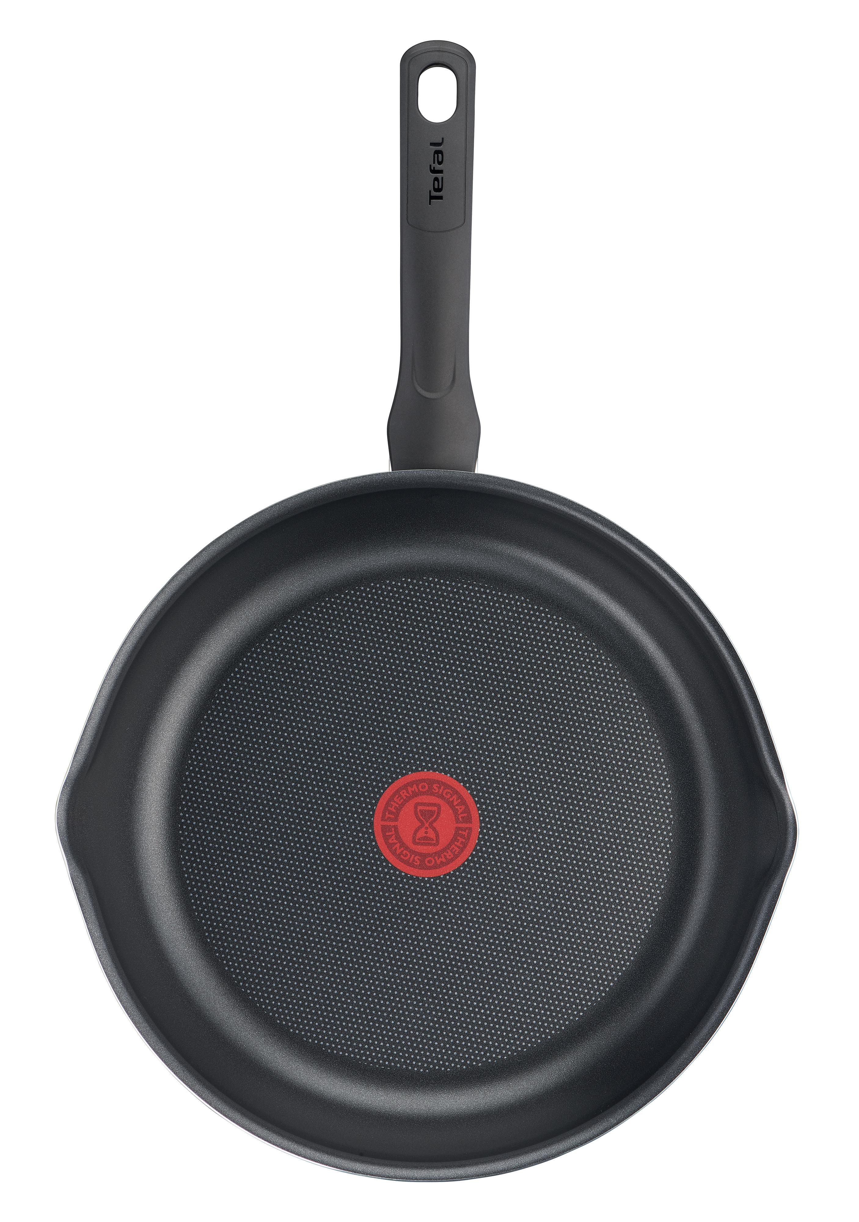 Draufsicht auf eine Tefal Bratpfanne mit schwarzer Antihaftbeschichtung.