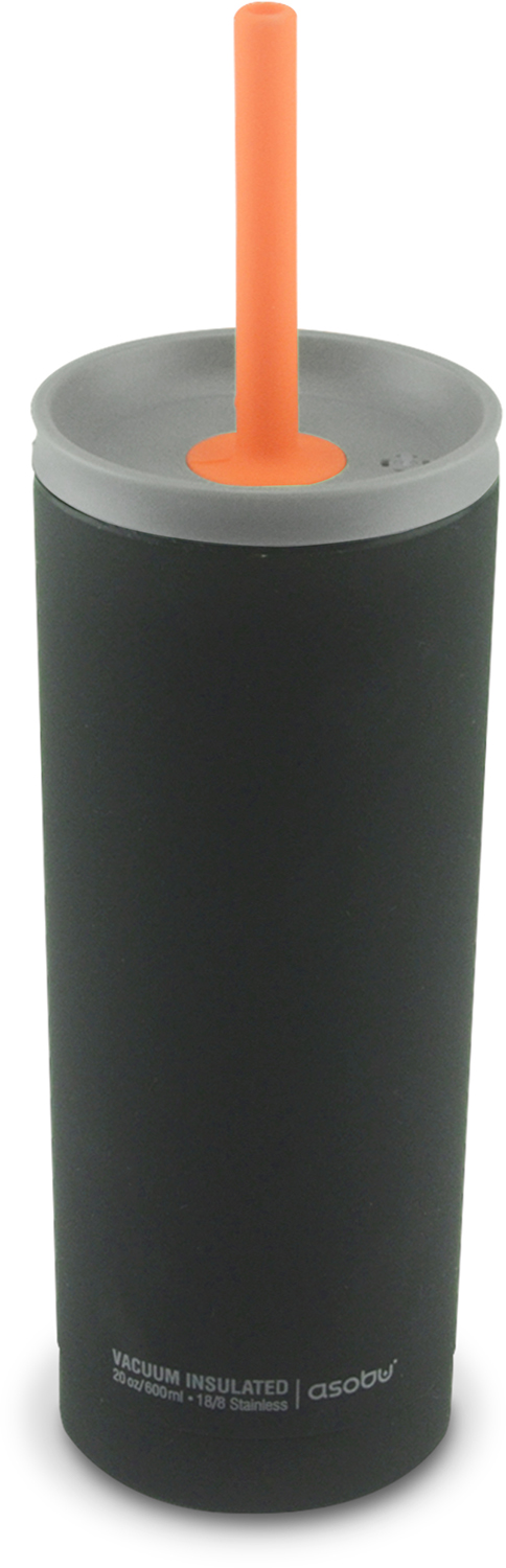 A black and gray insulated tumbler with an orange straw. White background.