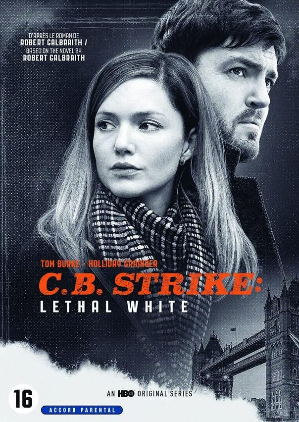 Filmaffiche met twee personen. Tekst: C.B. Strike: Lethal White. De Tower Bridge staat op de achtergrond.