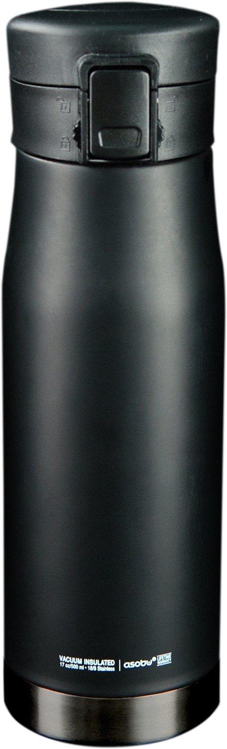 A black, insulated water bottle with a black lid, lock, and the brand name 'asobu'.