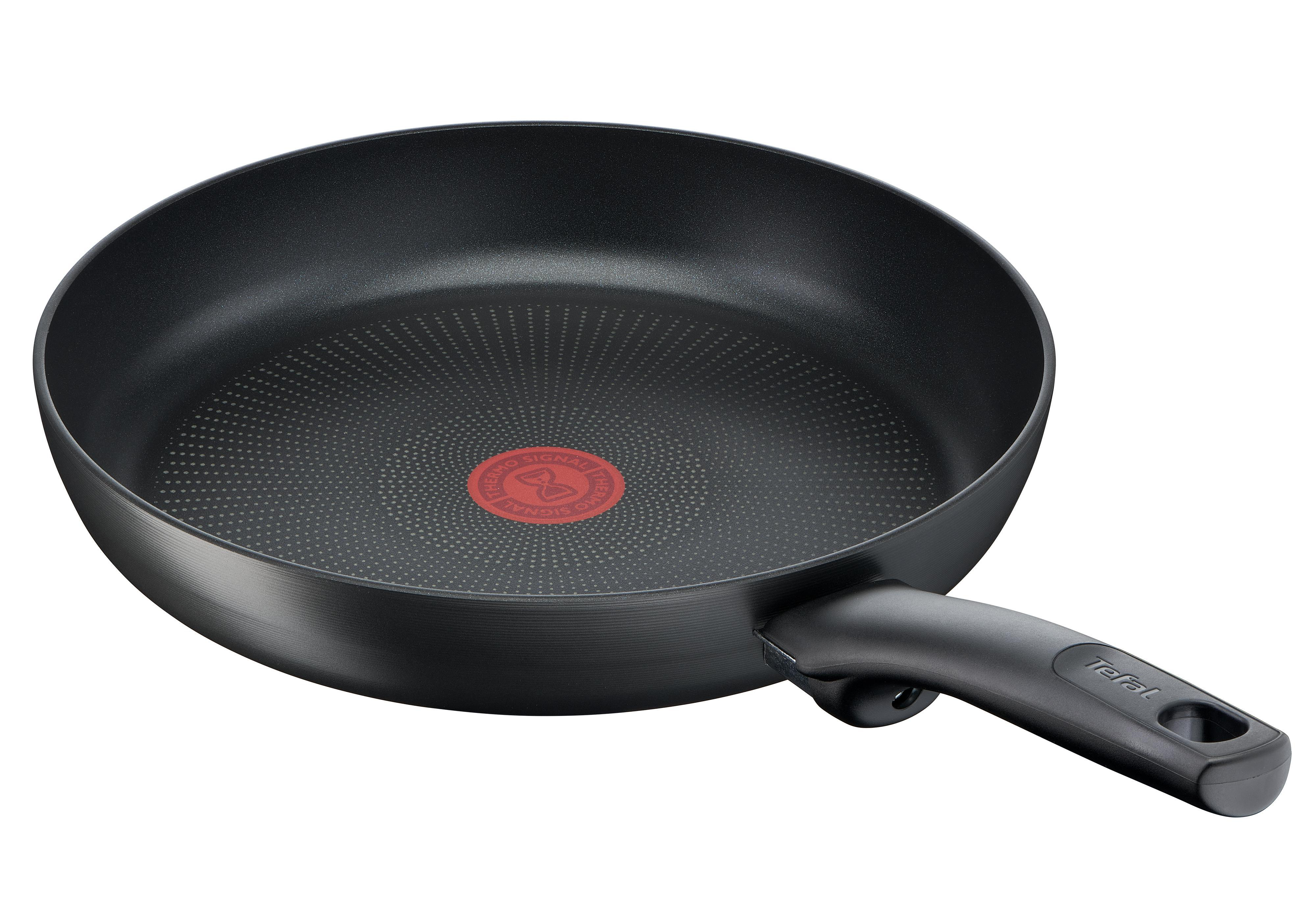 Schwarze Antihaft-Tefal-Bratpfanne mit rotem Logo in der Mitte und schwarzem Griff.
