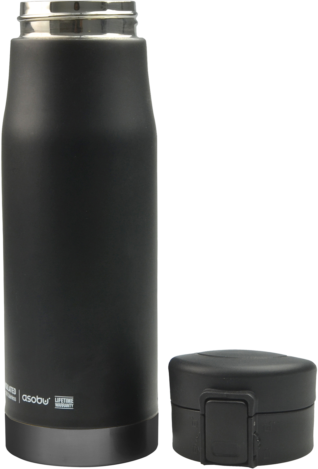 A black insulated water bottle with a silver rim and a separate black lid. The bottle is cylindrical and has a matte finish.