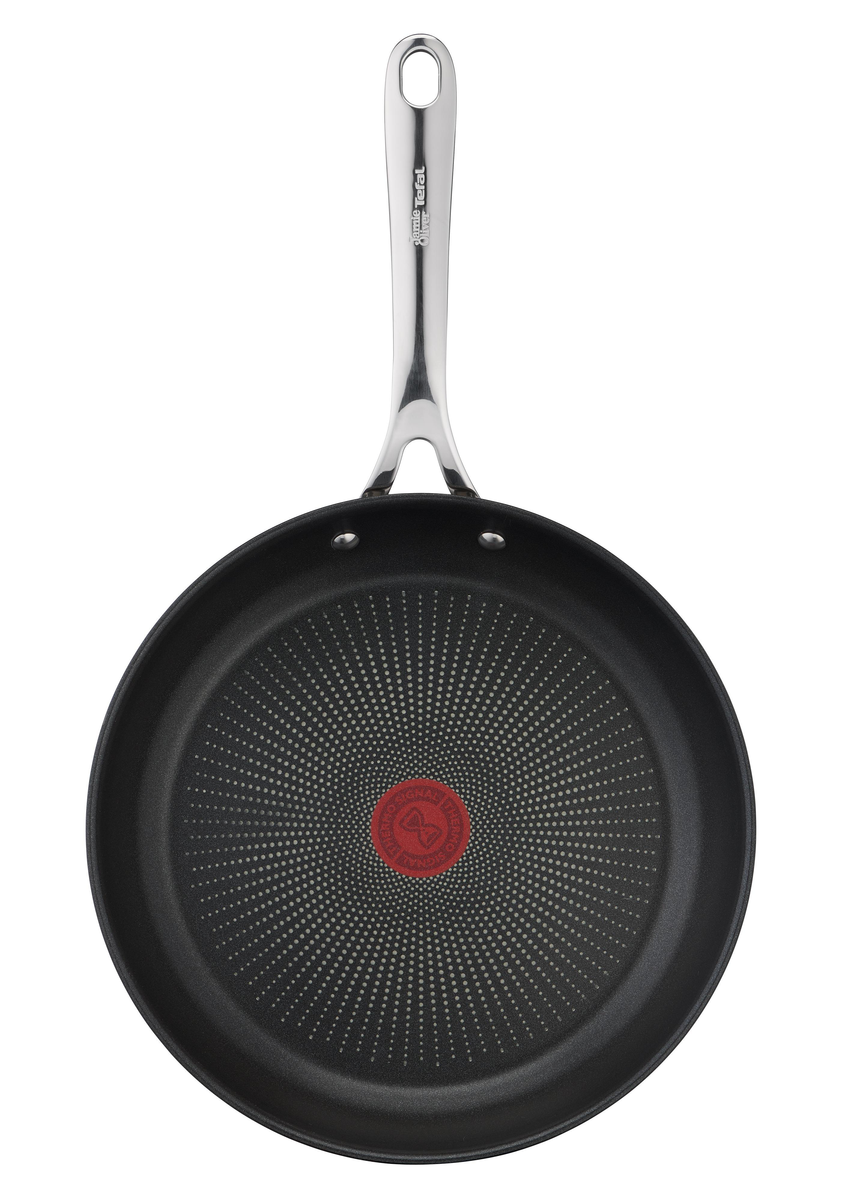 Tefal-Bratpfanne, Draufsicht, mit langem Griff und rotem Mitteldesign.