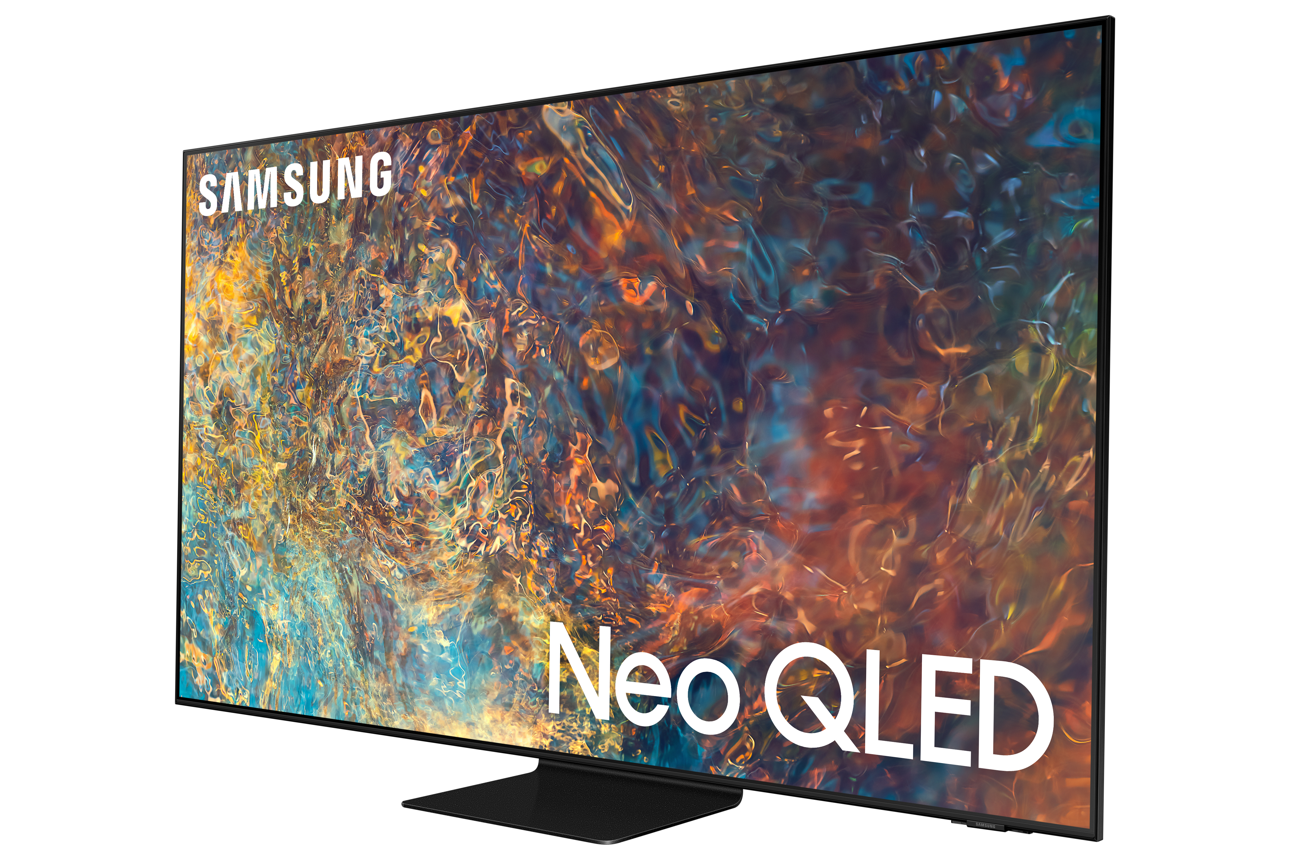Beyaz bir arka plan üzerinde bir Samsung Neo QLED TV. Renkli bir görüntü gösteriyor.