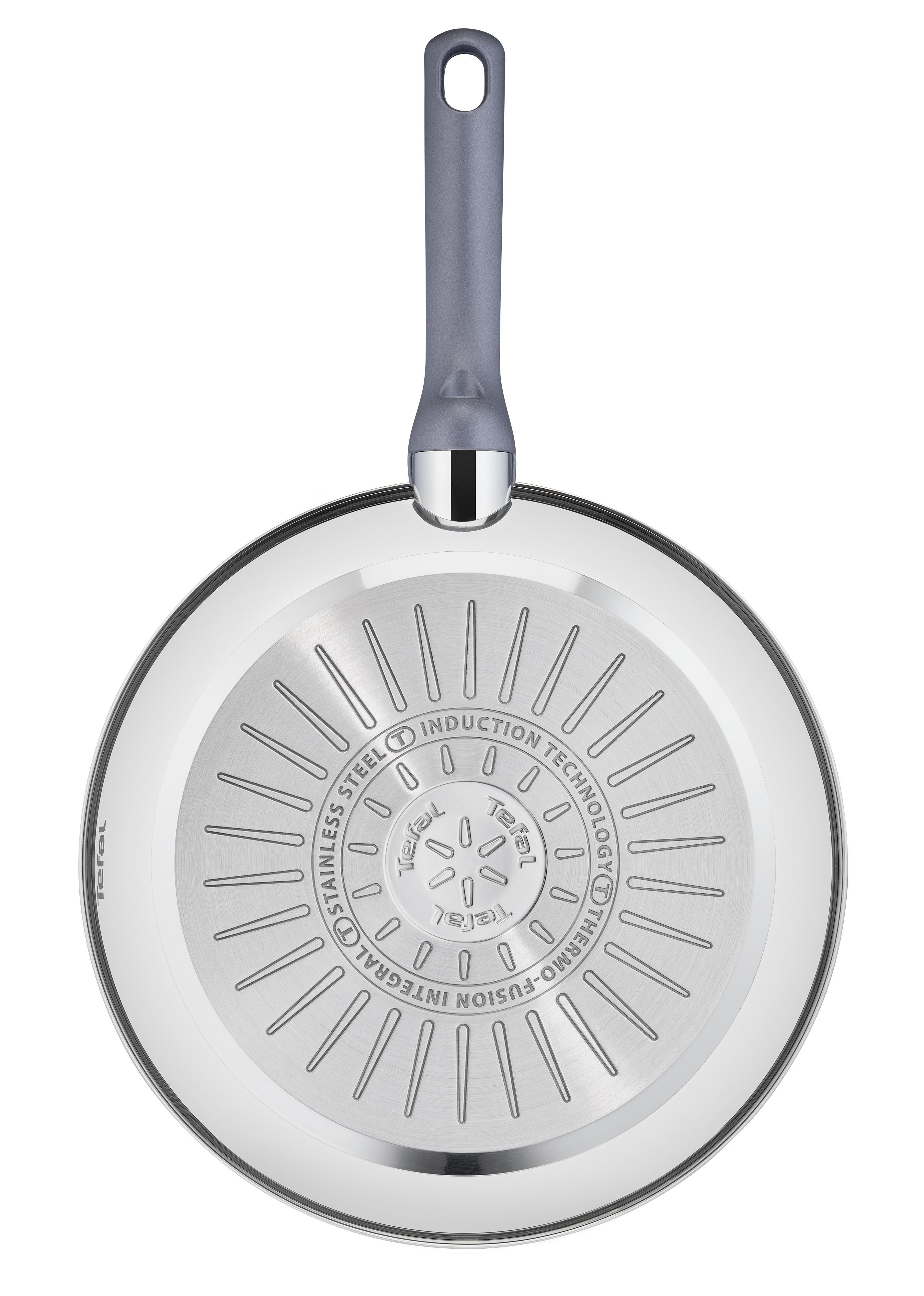 Tefal Edelstahl-Bratpfanne, Unteransicht, mit Induktionstechnologie-Markierungen.