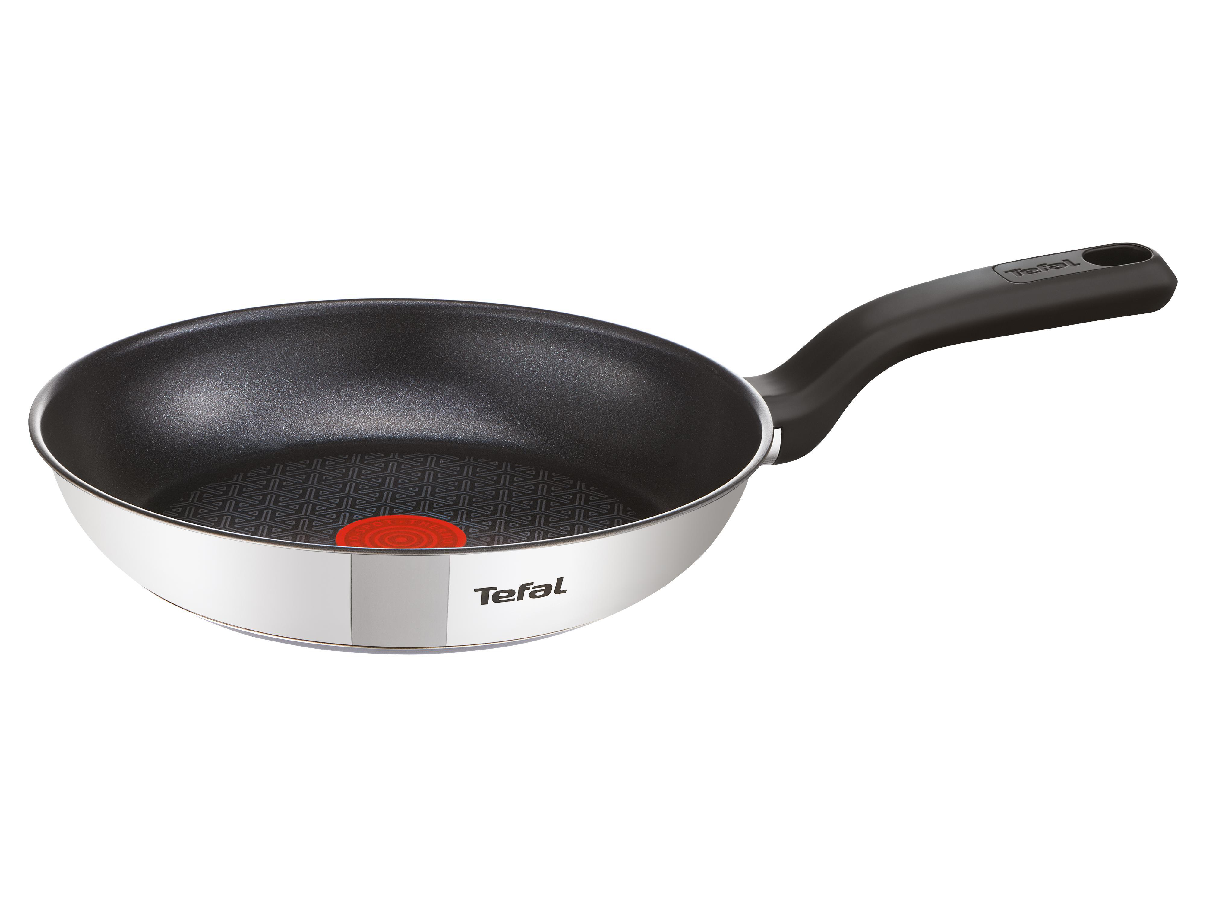 Tefal-Bratpfanne, silber und schwarz, auf weißem Hintergrund.