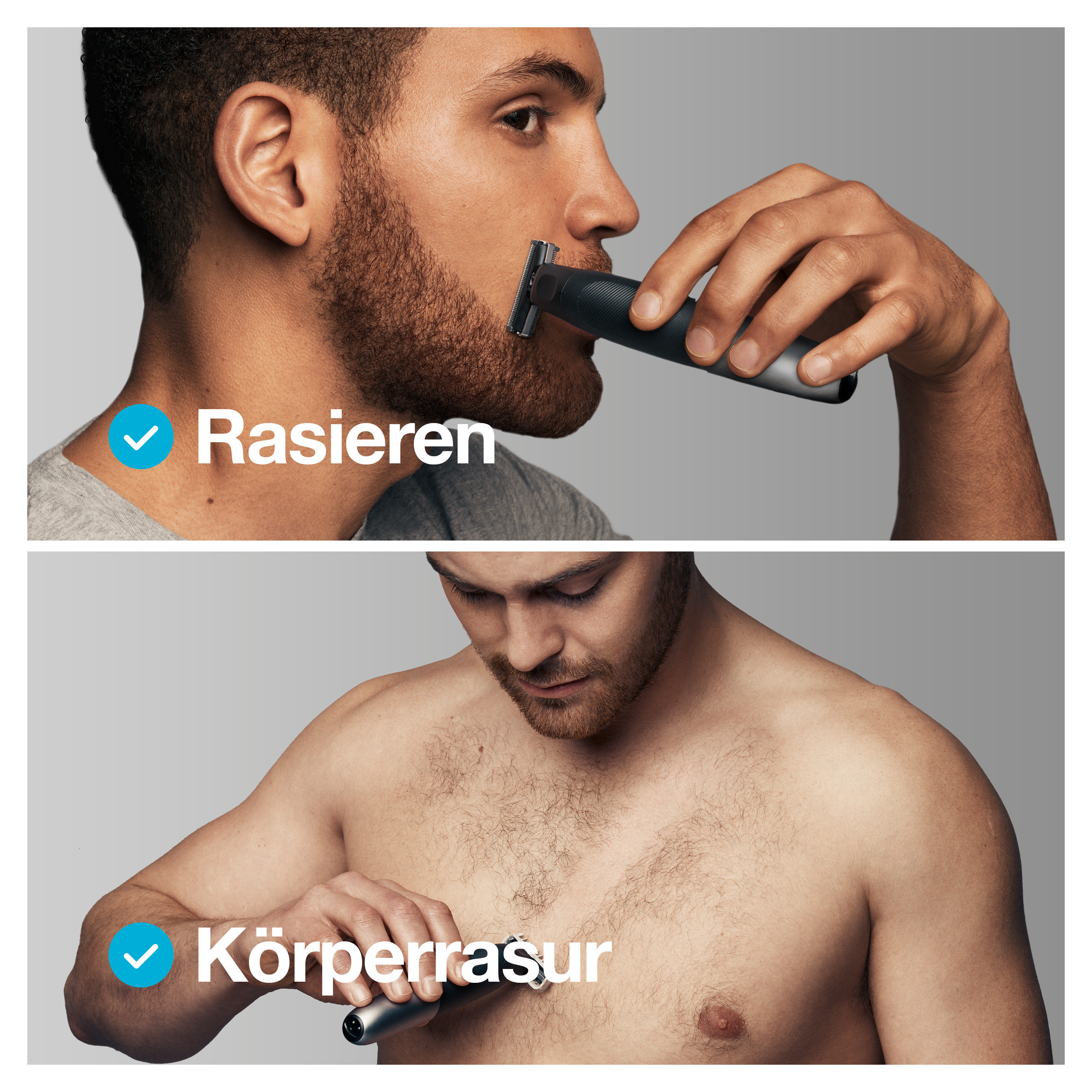 Mann rasiert Bart und Körper mit Trimmer, geteiltes Bild.
