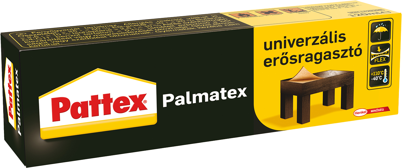 Pattex Palmatex ragasztószer doboz asztal képével és szöveggel. Sárga és fekete színek.