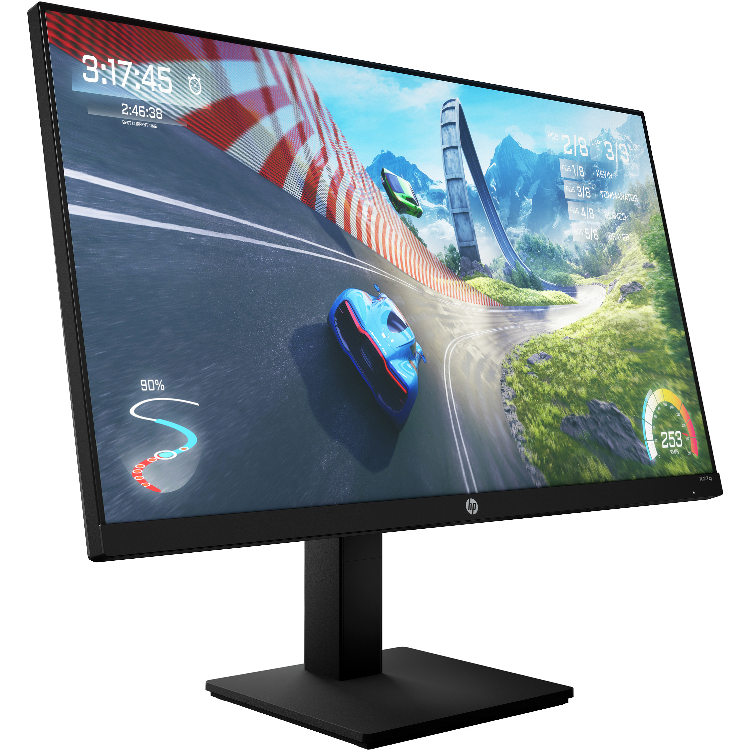 Un monitor HP curvo que muestra un juego de carreras. Soporte y bisel negros. Estadísticas del juego visibles.